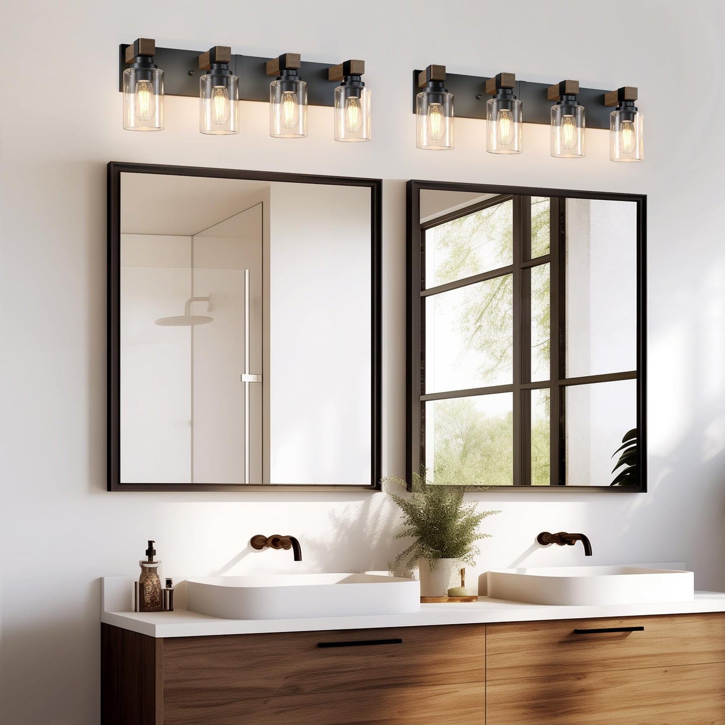 Farmhouse Bathroom Vanity Light Fixtures  Rustic 4-Light Wood Vanity Lights For Bathroom  Vintage Black Wall Sconces Lighting  Light Fixtures Over Mirror  With Glass Shade