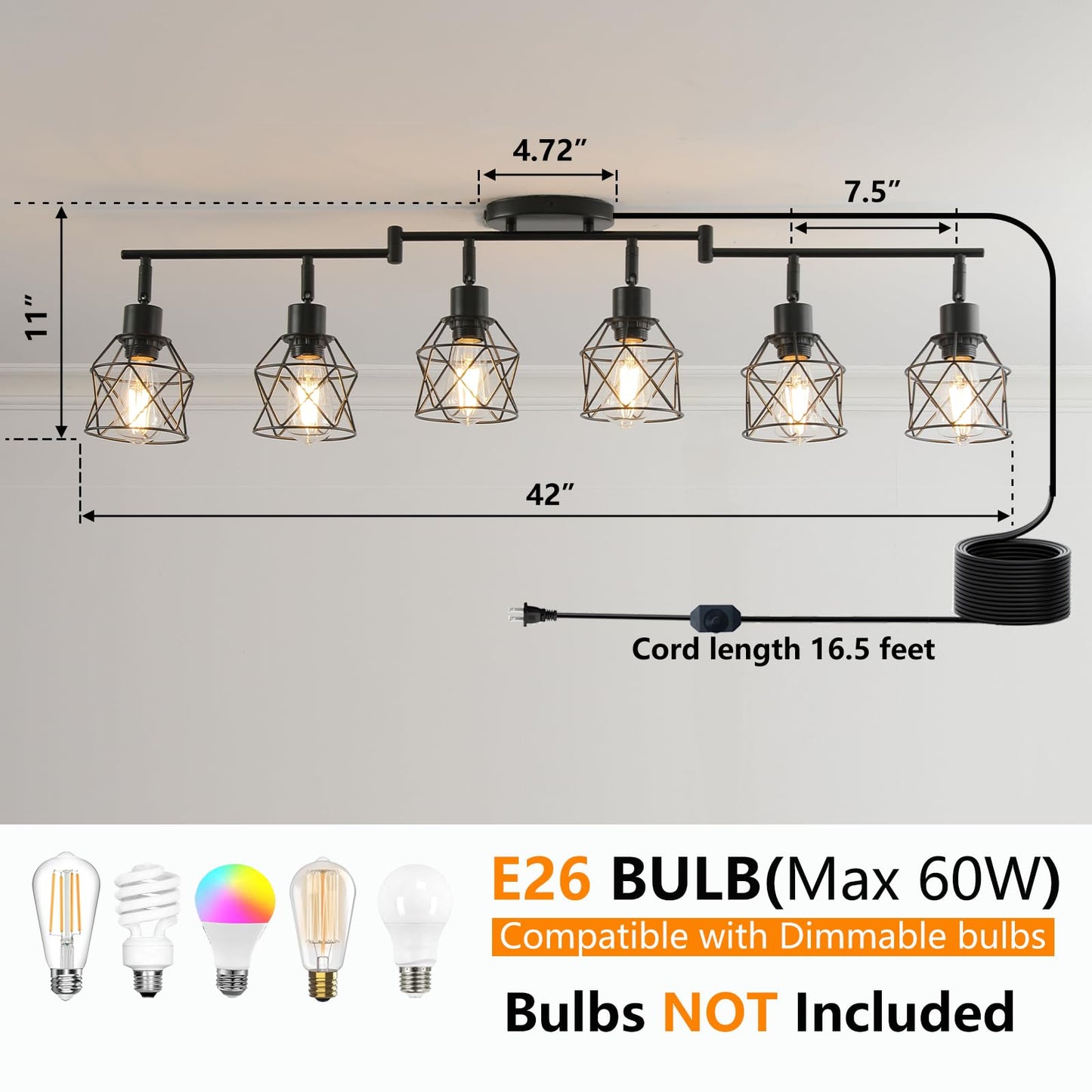 Vivihobb Dimmable 6 Light Plug In Ceiling Light Black Plug In Track Lighting Kit With 16.5 Cord Flexibly Rotatable Light Head Modern Industrial Farmhouse Style(Bulbs Not Included)