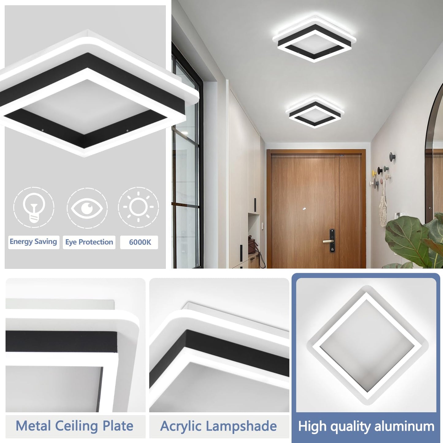 Caneoe 3 Packs Square Flush Mount Ceiling Light  6000K Black Modern Led Ceiling Light Fixture  Minimalist Hallway Lighting Fixture Ceiling Lamp For Hallway Entryway Bedroom Balcony (Black)