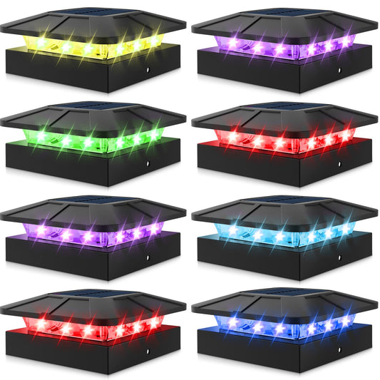 Peasur 4X4 Solar Post Cap Lights Rgb Color Changing  8 Packs Led Deck Fence Light Solar Powered Outdoor Waterproof  Wood/Vinyl Posts Top Lighting For Outside Yard Garden Patio