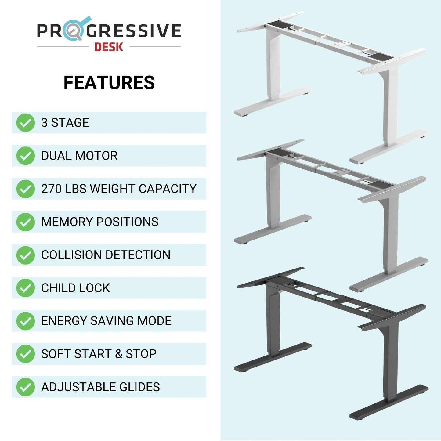 PROGRESSIVE AUTOMATIONS Standing Desk Frame Dual Motor. Adjustable Height and Width, 3 Stages Electric Legs for sit Stand desks. Suites Tops from 48" to 73" FLT-02 Grey