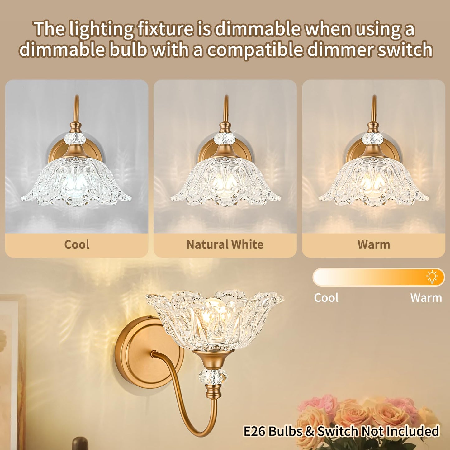 Sunkryster 1 Piece Vintage Wall Sconce With Floral Clear Glass Shade  Matte Deep Brass Finish Wall Mount Lighting For Bathroom Vintage Bathroom Vanity Light Fixture