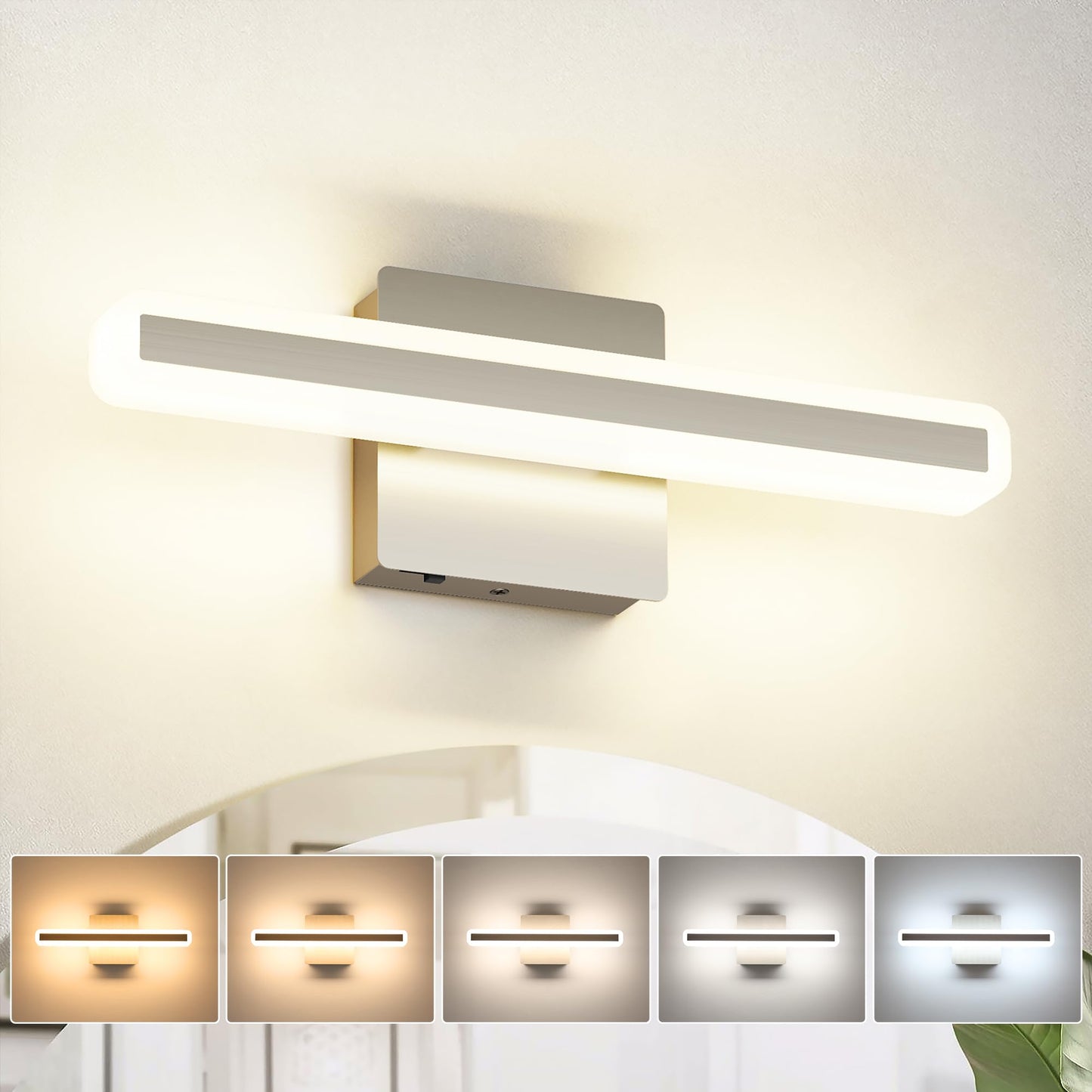 Jusheng Brushed Nickel Vanity Lights For Bathroom  5Cct Dimmable Vanity Light Bar  Modern Led Bathroom Lighting Fixtures Above Mirror 16 Inch 16W
