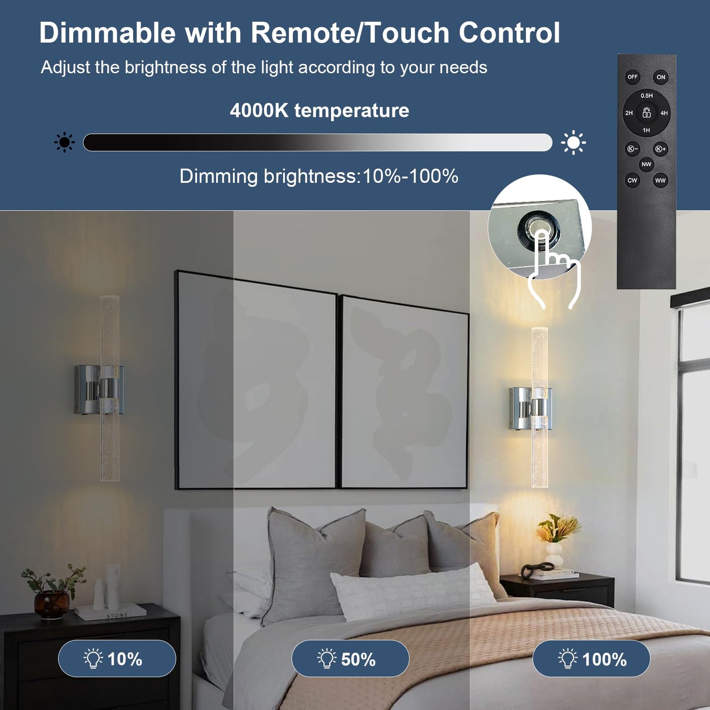 Hongren 17 Inch Chrome Battery Operated Wall Sconces Set Of Two Rechargeable Battery Powered Wall Light With Remote Control Led Dimmable Lamp Fixtures For Living Room Bedroom Hallway (2 Pack)