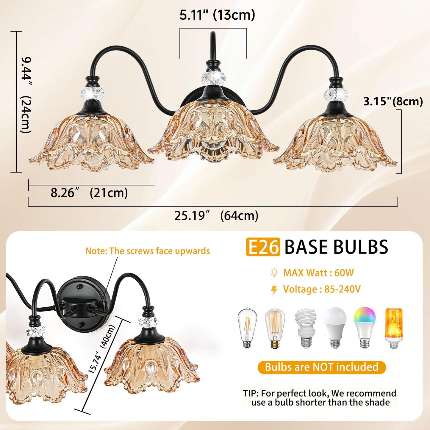 Sunkryster Black Bathroom Vanity Light 3-Light Vanity Light With Floral Amber Glass Shades Vintage Farmhouse Wall Mount Lighting For Bathroom  Dressing Table