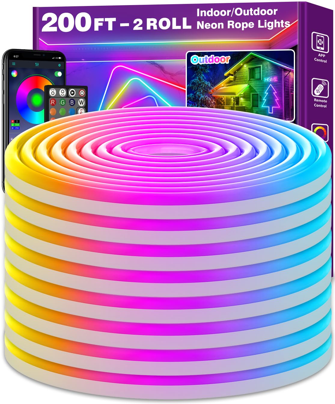 Ailbton 200Ft Led Neon Rope Lights Control With App/Remote Flexible Led Rope Light Multiple Modes Ip65 Outdoor Rgb Lights Waterproof Music Sync Gaming Led Neon Strip Light For Bedroom Decor