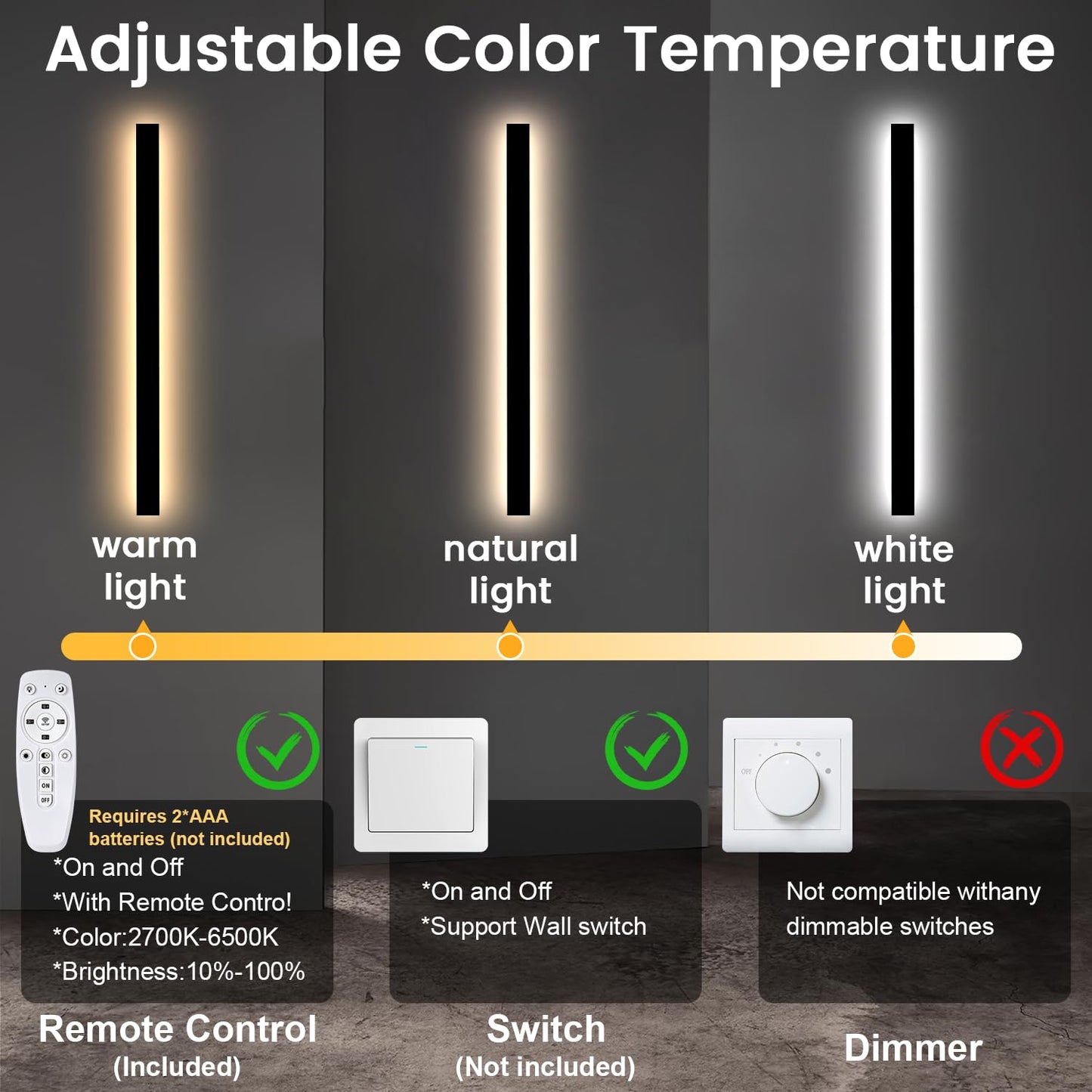Niuzdu 23.6Inch Porch Wall Lights - Long Strip Modern Outdoor Wall Light Fixture  Dimmable Black Wall Mount Exterior Lighting Wall Sconce Outside Garage Lights For House  Courtyard  Corridor