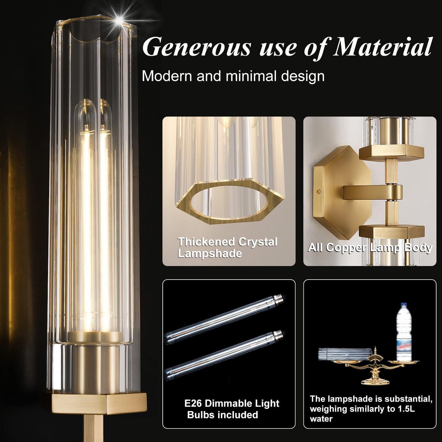 Crystal Bathroom Vanity Wall Sconces Set Of Two Gold Modern Sconces Wall Lighting  28.5In Brass Vanity Lights Indoor Linear Wall Sconce Light For Bedroom Hallway Staircase Living Room Dining Room