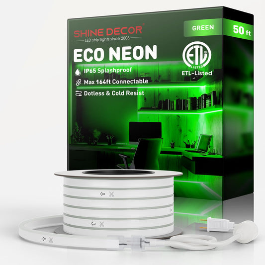 Shine Decor LED Neon Rope Lights, 50FT Flexible Outdoor Waterproof, Green, 120LEDs/M, PVC, Plug&Play, for Home & Commercial Use
