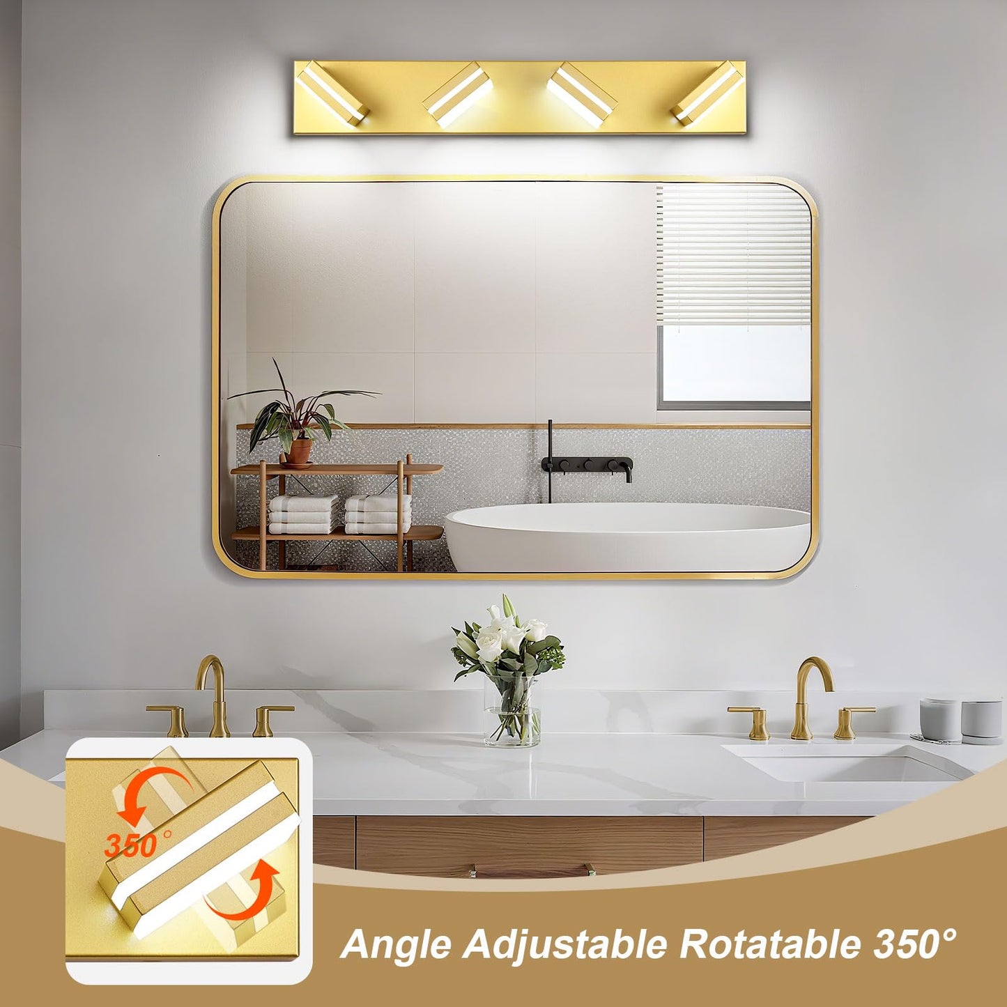 Jzekvn Modern Led Bathroom Lights Fixtures(4-Light) Metal Gold Acrylic Wall Lighting Vanity Lights For Bathroom Over Mirror(6000K 27In