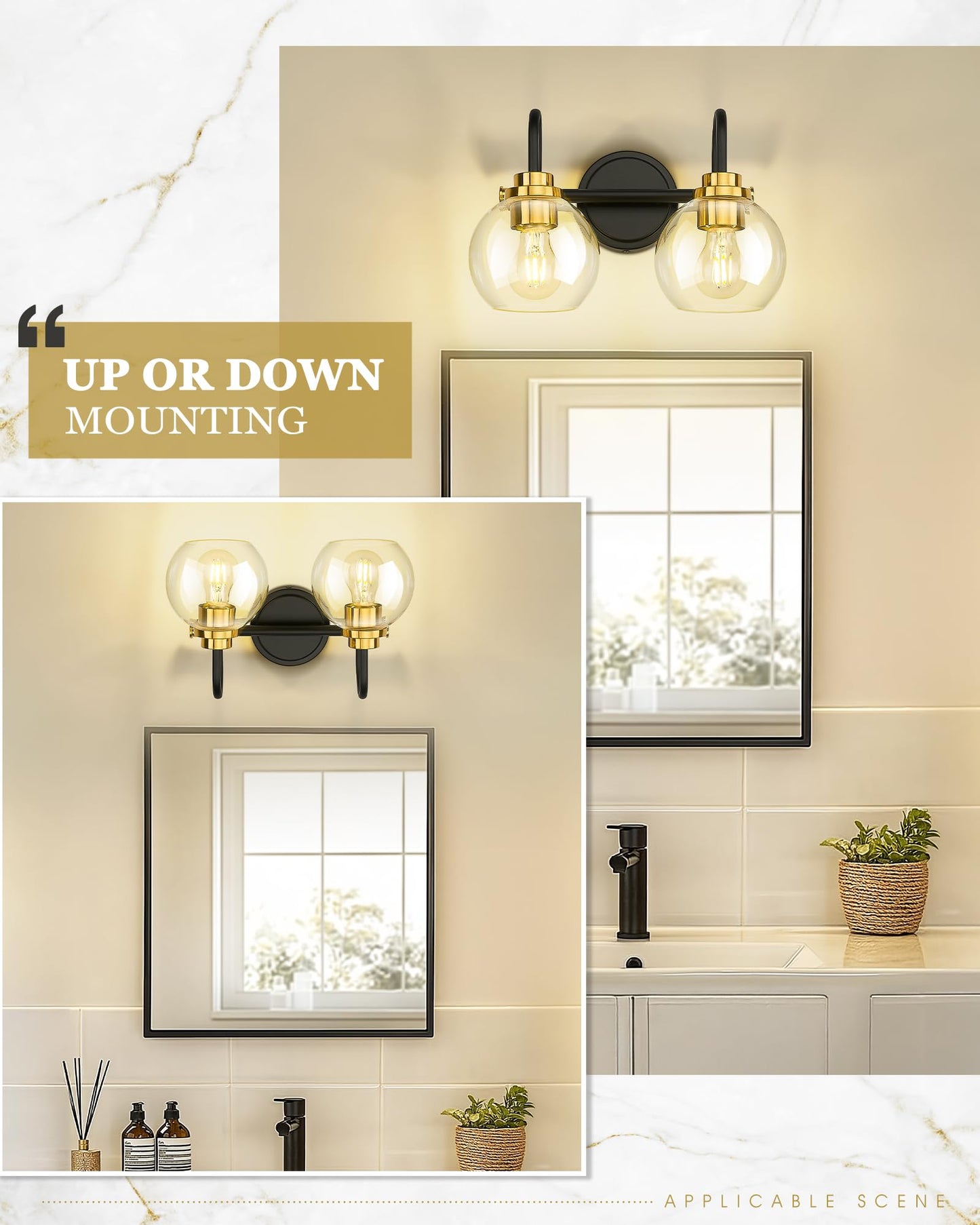 Audickic Bathroom Light Fixtures  2-Light Black And Gold Vanity Lights With Globe Clear Glass  Modern Vanity Lighting Fixtures Over Mirror  Ad-22280-2W-Kg