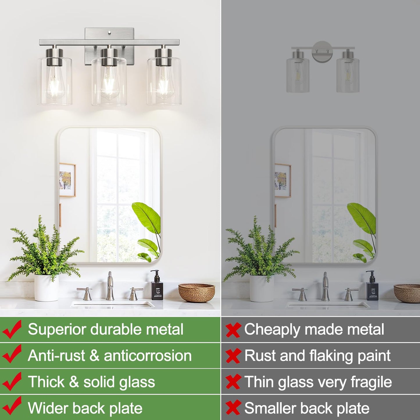 Meybiok 3-Light Bathroom Light Fixtures  Brushed Nickel Vanity Lights  Bathroom Lighting With Clear Glass Shade  Vanity Lighting Fixtures For Mirror Kitchen Bedroom Hallway Living Room