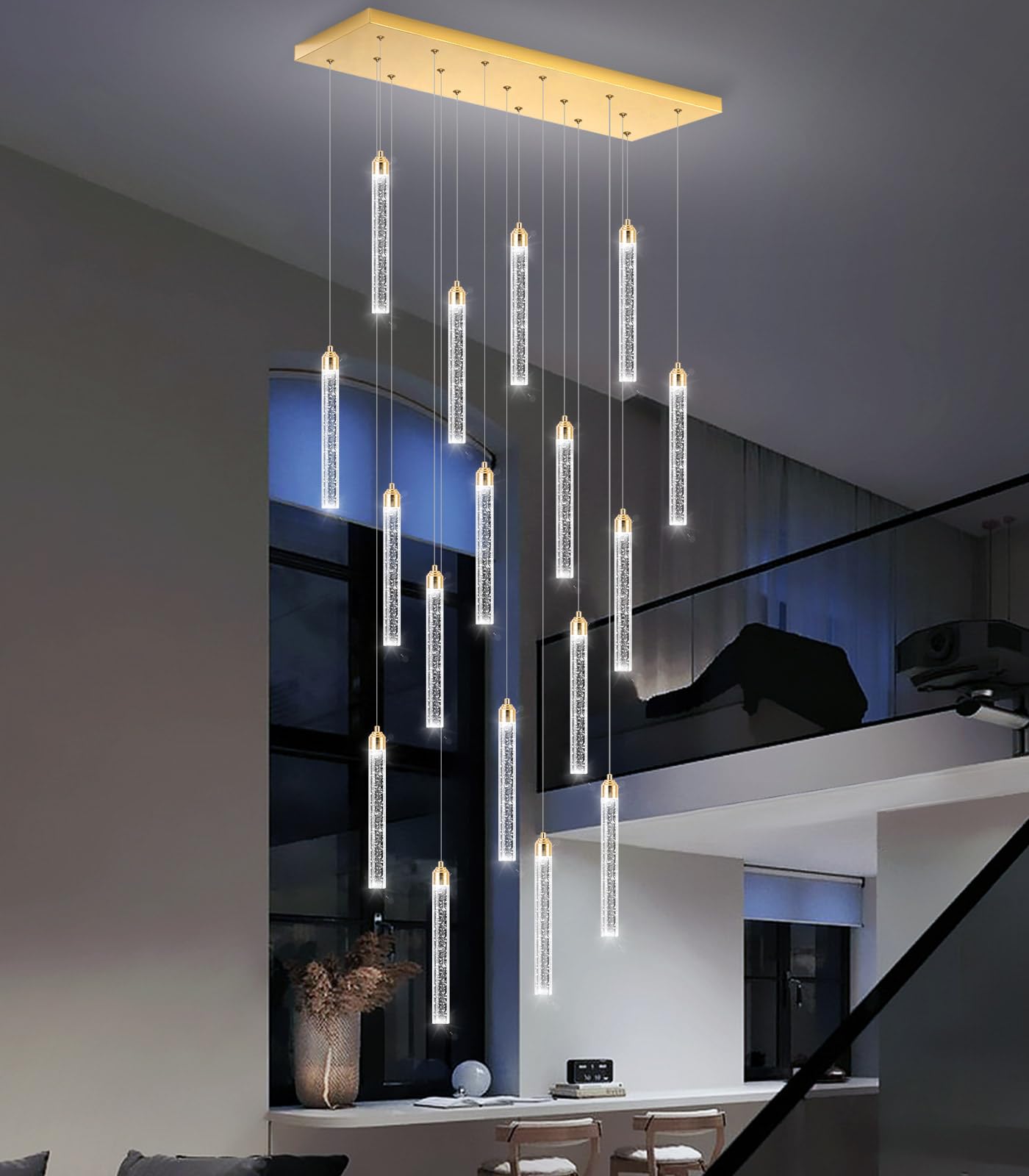Rectangular Chandeliers 17-Lights Long Light For Entryway Led Dimmable Chandeliers Lighting Fixture Flat Sloped High Ceiling Pendant Lights Crystal For Living Room Foyer Hallway Staircase Gold