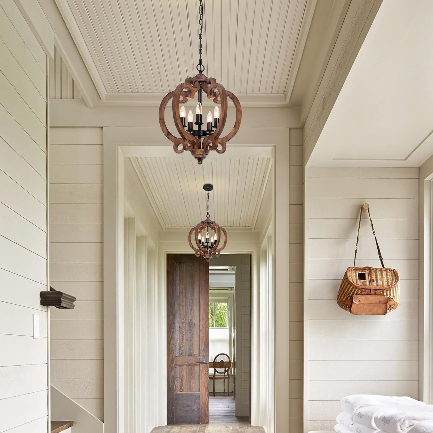 17.72 Farmhouse Wood Chandelier  5-Light Rustic Dining Room Light Fixture  Farmhouse Hanging Pendant Lighting  Vintage Orb Chandeliers For Kitchen Island Foyer Living Room Bedroom