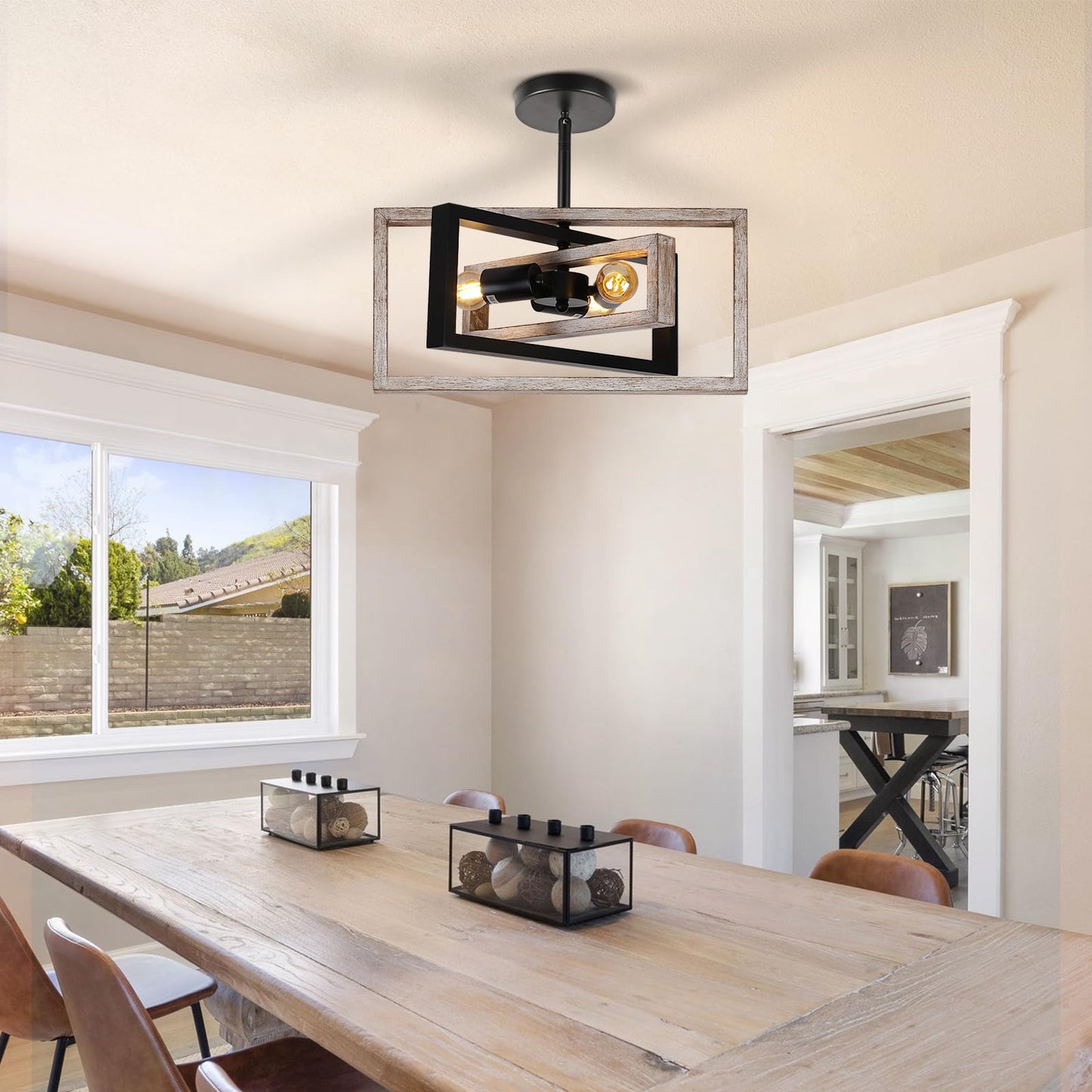 Huismier Farmhouse 3-Lights Flush Mount Ceiling Light Fixture  Industrial Wood And Metal Chandelier  Retro Close To Ceiling Lighting For Kitchen Entryway Hallway Bedroom Dining Room Living Room Foyer