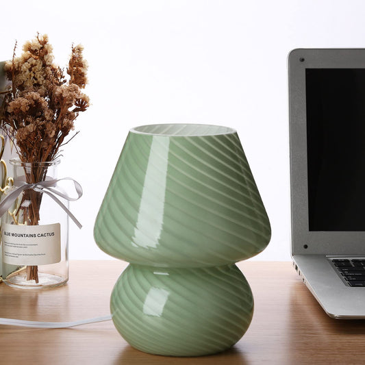 BSOD Glass Mushroom Lamp, Stripe Green, Cute Small Nightstand Desklamp, Model Bsod-SW-Lamps007, Vintage Style Home Decor