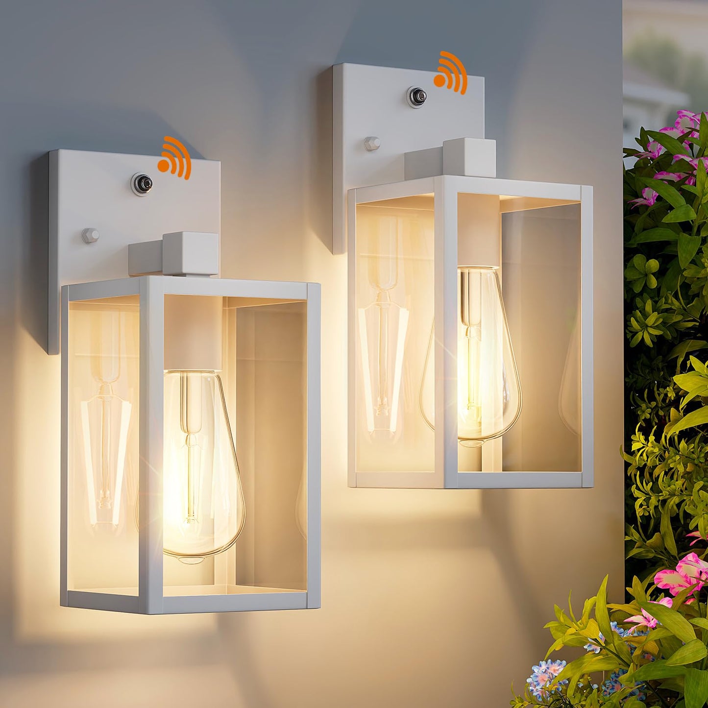 2 Pack White Dusk To Dawn Front Porch Lighting Fixtures Wall Mount  Sensor Outside Exterior Lights For House  Outdoor Lantern Lamp  Waterproof Wall Sconce Lights  Black Coach Light For Garage Entryway