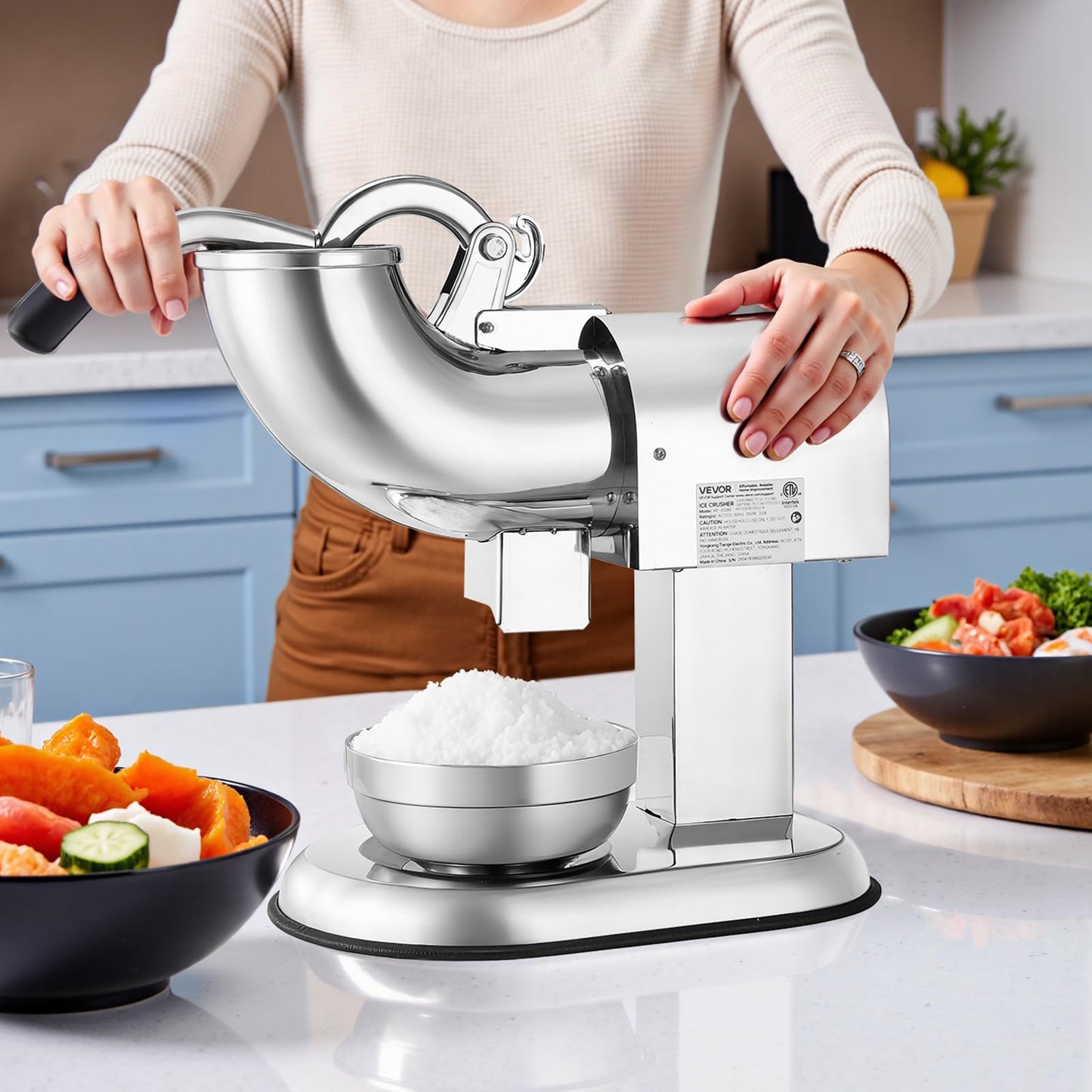 VEVOR Ice Crusher Machine, 440lbs Per Hour Electric 4 Blades Snow Cone Maker, All Stainless Steel Shaved Ice Machine with Bowl and Cover, 350W 1400RPM Ice-Shaver for Home and Commercial Use, Silver