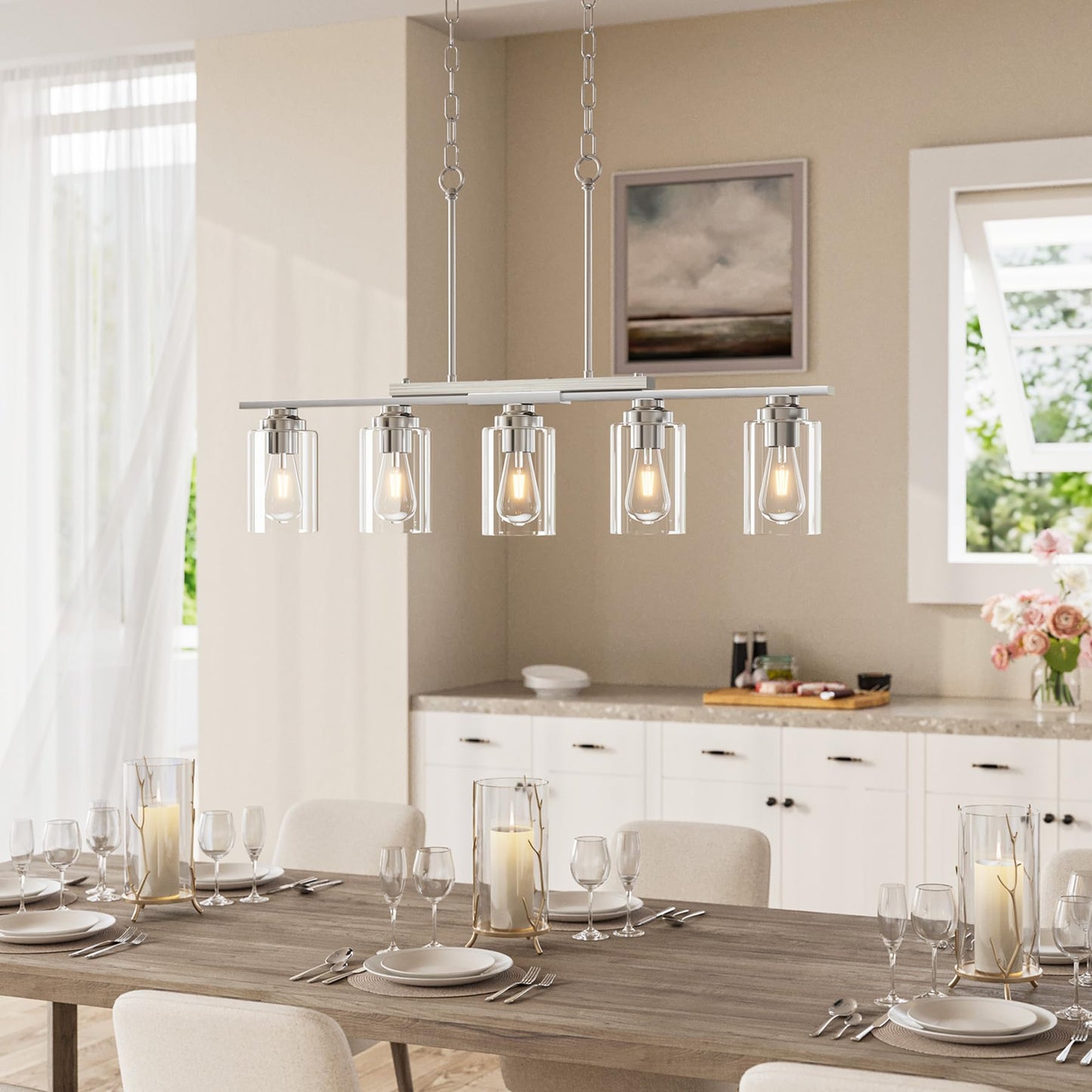 Vonluce Kitchen Island Lighting  5-Light Dining Room Light Fixture Over Table With Glass Shade And Adjustable Rods  Farmhouse Linear Chandelier For Kitchen Island  Brushed Nickel  Etl Certificated