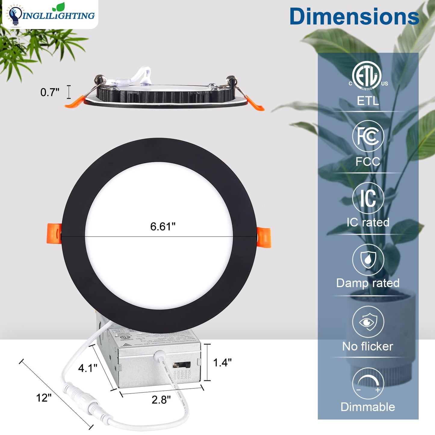 Dllt Led Recessed Ceiling Lights: Black 12 Pack 6 Inch 5Cct Ultra-Thin Lighting With Junction Box For Bedroom - 1200Lm Brightness 12W Eqv 110W Dimmable Canless Wafer Downlight With Etl&Fcc