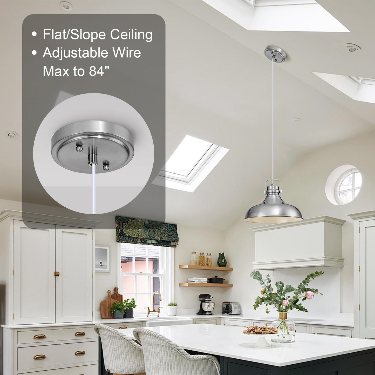 Alaislyc Brushed Nickel Farmhouse Pendant Lights Matte Pendant Lighting For Kitchen Island Industrial Adjustable Height Vintage Dome Hanging Light Fixtures For Barn  Dining Room 2 Packs