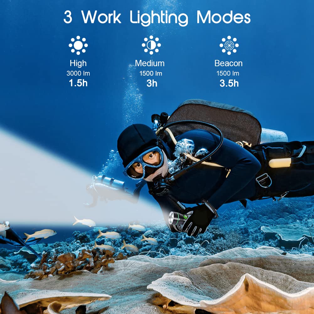 APLOS AP30 Diving Flashlight - 3000lm, IPX8 Waterproof, Aluminum, Black