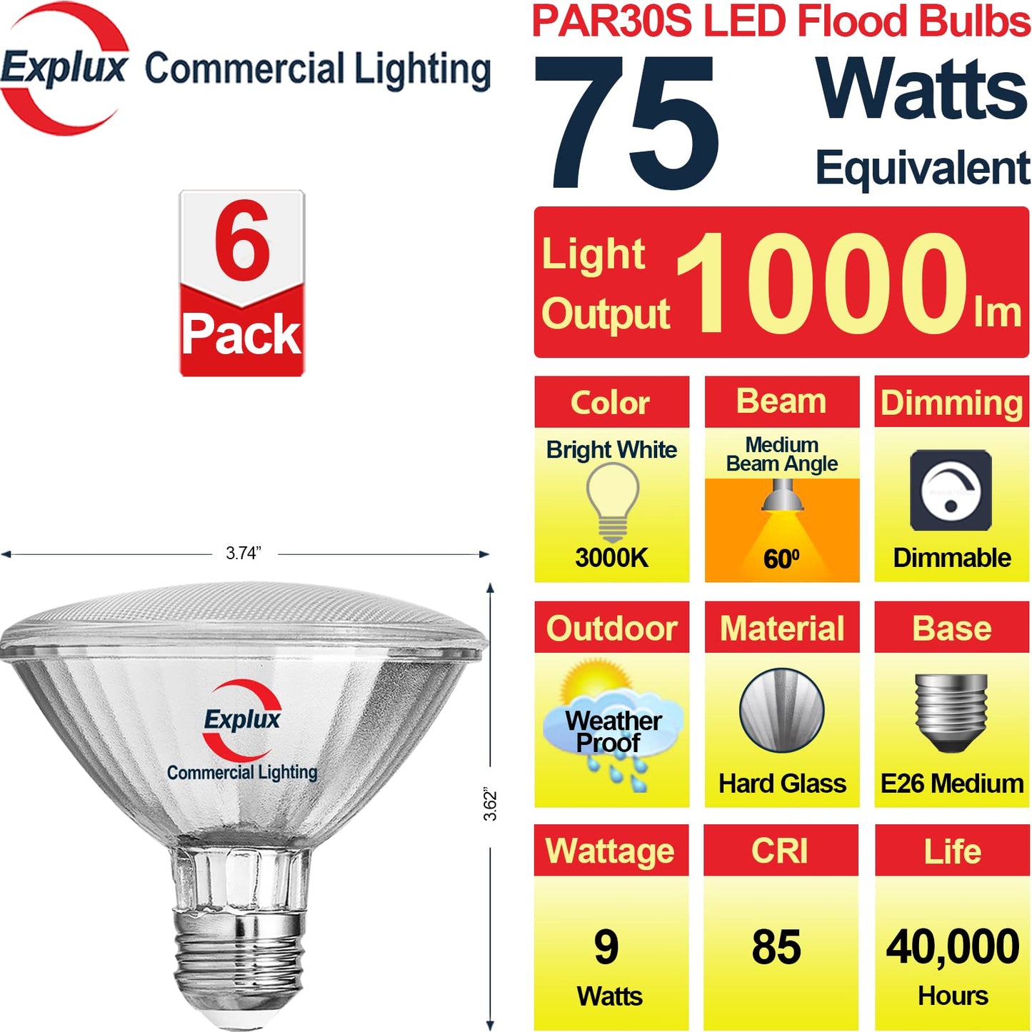 Explux Commercial LED PAR30 Flood Light Bulbs, Dimmable, 75W Equivalent, Hard Glass, 3000K Bright White, 6-Pack