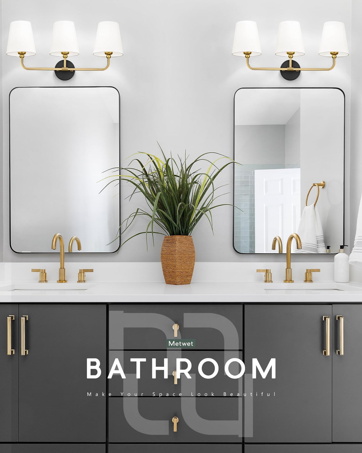 Metwet Bathroom Light Fixtures  Black And Gold Vanity Lights With Flared White Fabric Shade  3-Light Wall Sconce  Modern Sconces Wall Lighting For Hallway Bedroom  Vl837-Kg-3