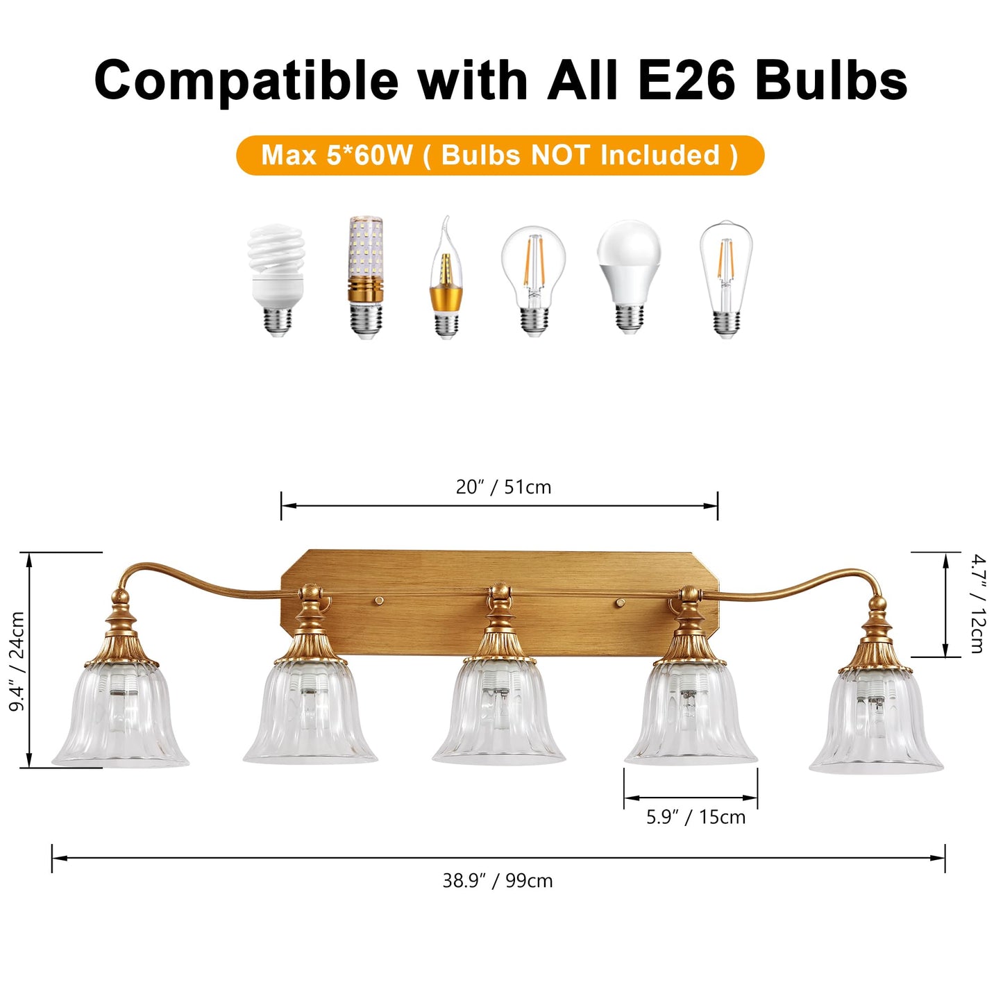 Lmnlvn Bathroom Vanity Gold Light Fixture  5 Lights Bathroom Lighting Matte Antique Brass Finish With Crystal Glass Shade  Gold Vintage Vanity Light For Bathrooms