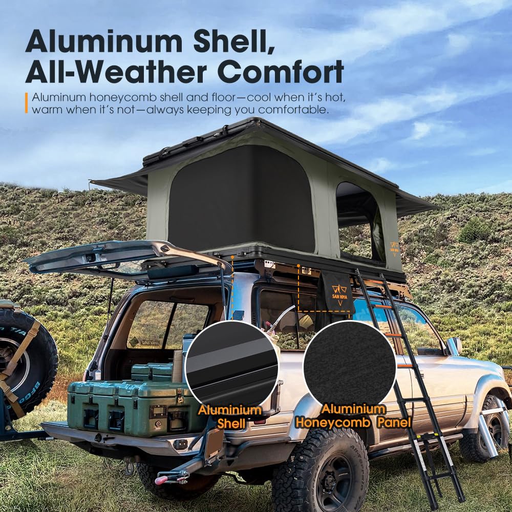 SanHima Rooftop Tent Hard Shell - Gibb Overland Aluminium Roof Top Tent 360° View, w/Tri-Color LED Strip Light & 1.97” Thick Mattress, for Car SUV Truck Camping, 2-3 People