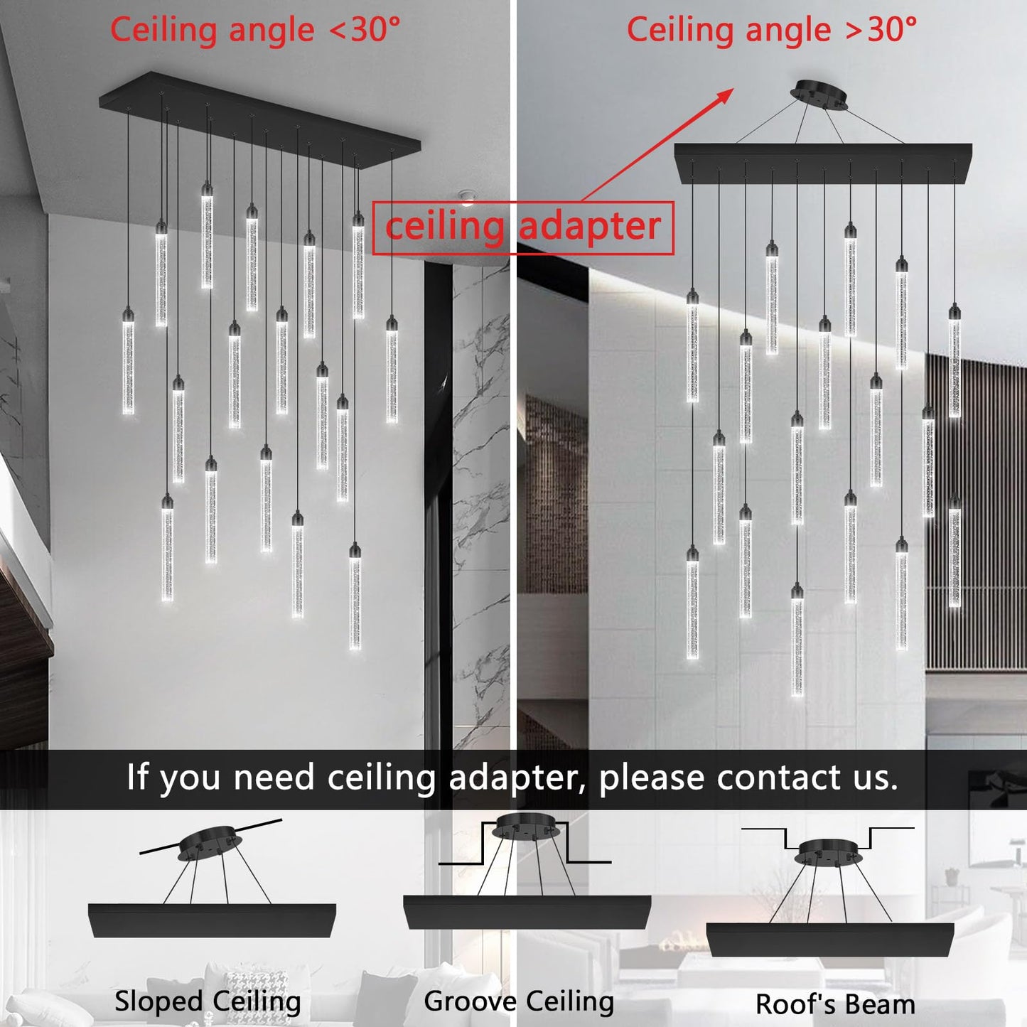 Rectangular Chandeliers 17-Lights Long Light For Entryway Led Dimmable Chandeliers Lighting Fixture Flat Sloped High Ceiling Pendant Lights Crystal For Living Room Foyer Hallway Staircase Black