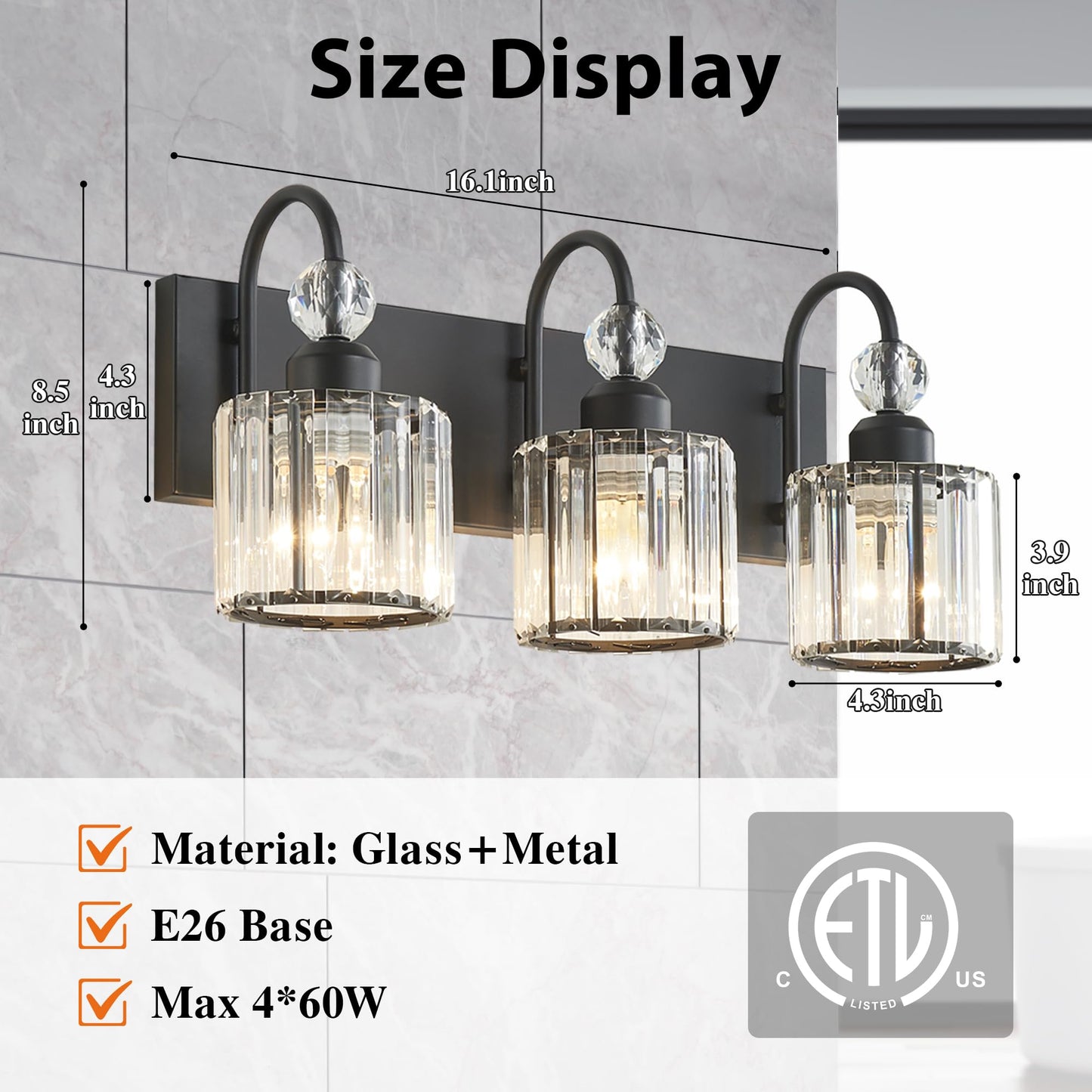 Diamondforge Bathroom Vanity Light Fixtures Over Mirror - Makeup Lighting Black - For Modern Wall  Bath  Desk  Farmhouse  Hallway (3 Crystal Lights)