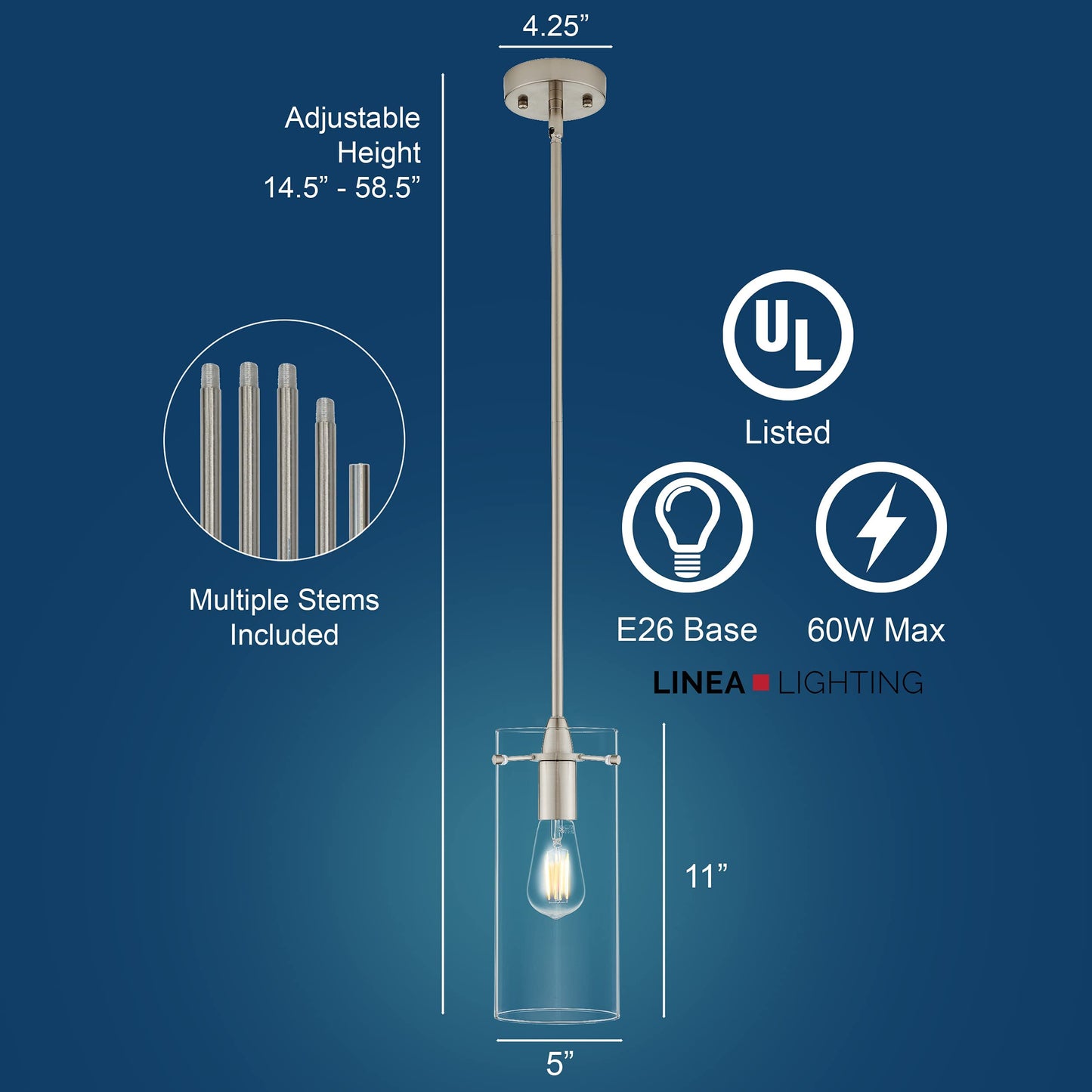 Linea di Liara Pendant Light Fixture, Large Brushed Nickel, Metal, Model LL-P315-BN, Clear Glass Shade for Kitchen Island or Sink