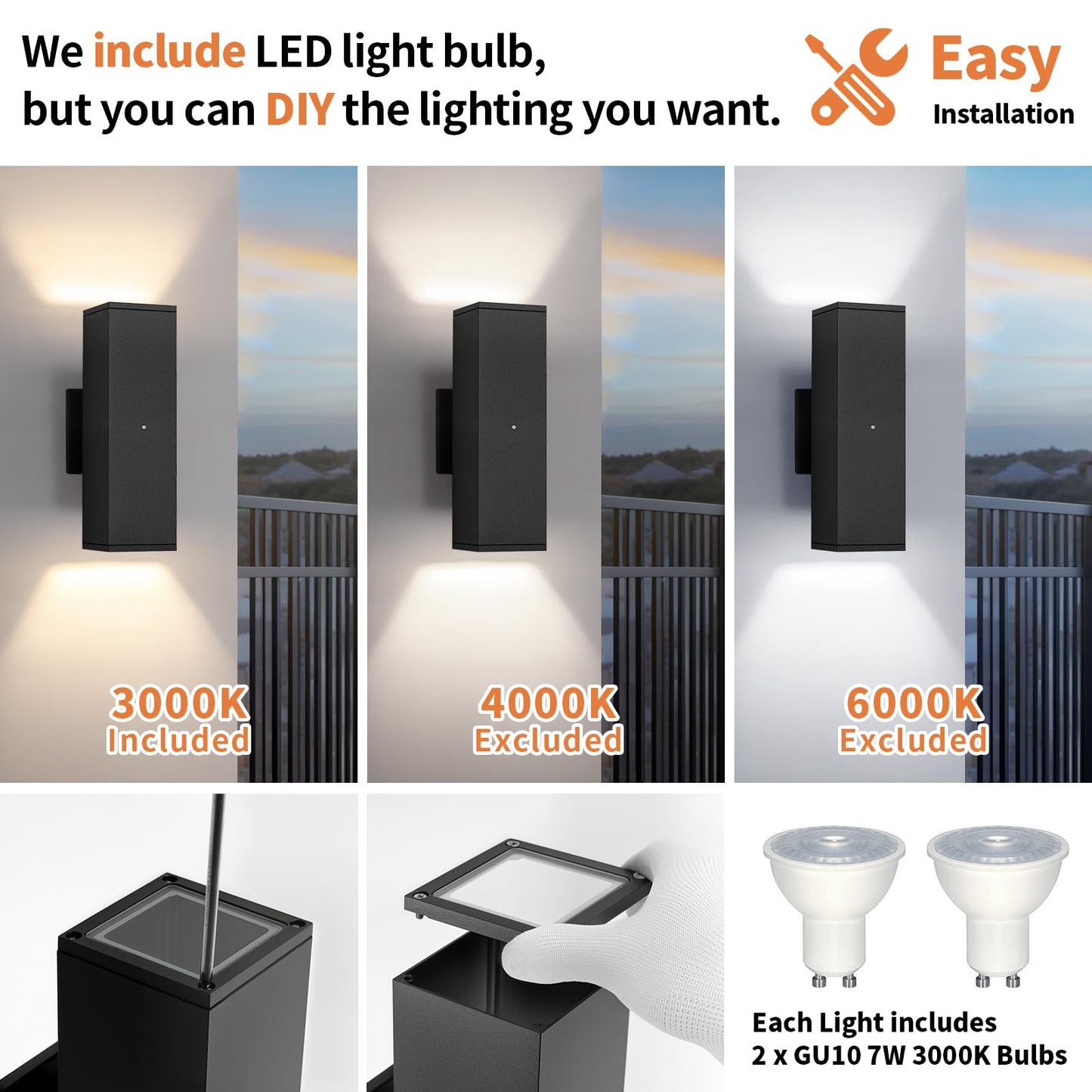 Dusk To Dawn Outdoor Lighting  Led Square Up And Down Outdoor Sconce Lights  Matte Black Exterior Lighting Fixtures With 7W Led Bulbs  Front Porch Lights For House  Garage  Patio  Doorway  1 Pack