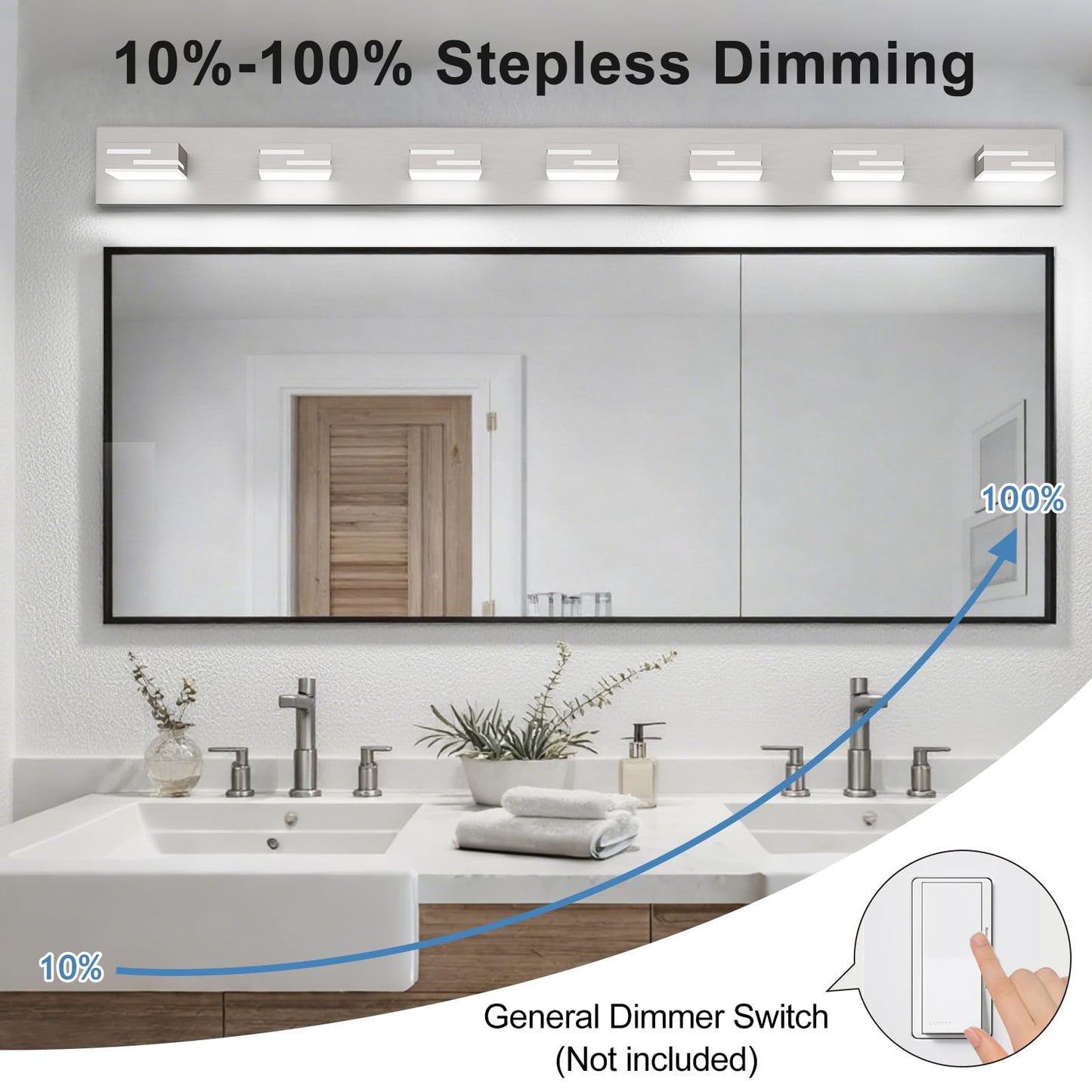 Lkhf Led Modern Bathroom Vanity Light Fixtures  7-Light 48-Inch Dimmable Brushed Nickel Vanity Lights For Bathroom Lighting Fixtures Over Mirror  With 350?Rotatable Acrylic Heads (Cool White 6000K)
