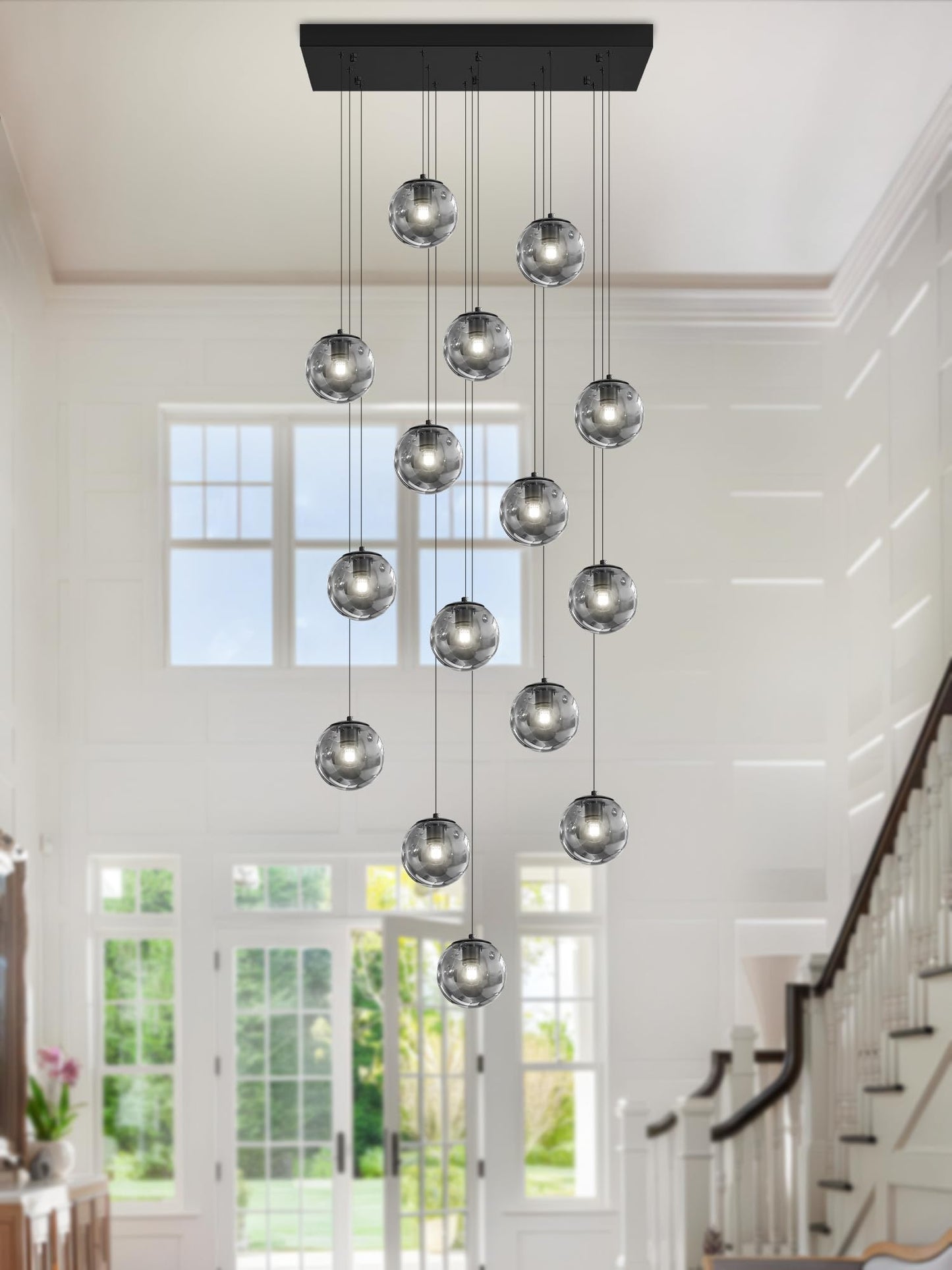 Ykolupty Rectangular Chandelier Smoke Gray Chandelier For Dining Room Large Chandeliers For High Ceiling 16-Lights Entryway Modern Lighting Fixture Globe Pendant Light For Living Room Foyer Hallway