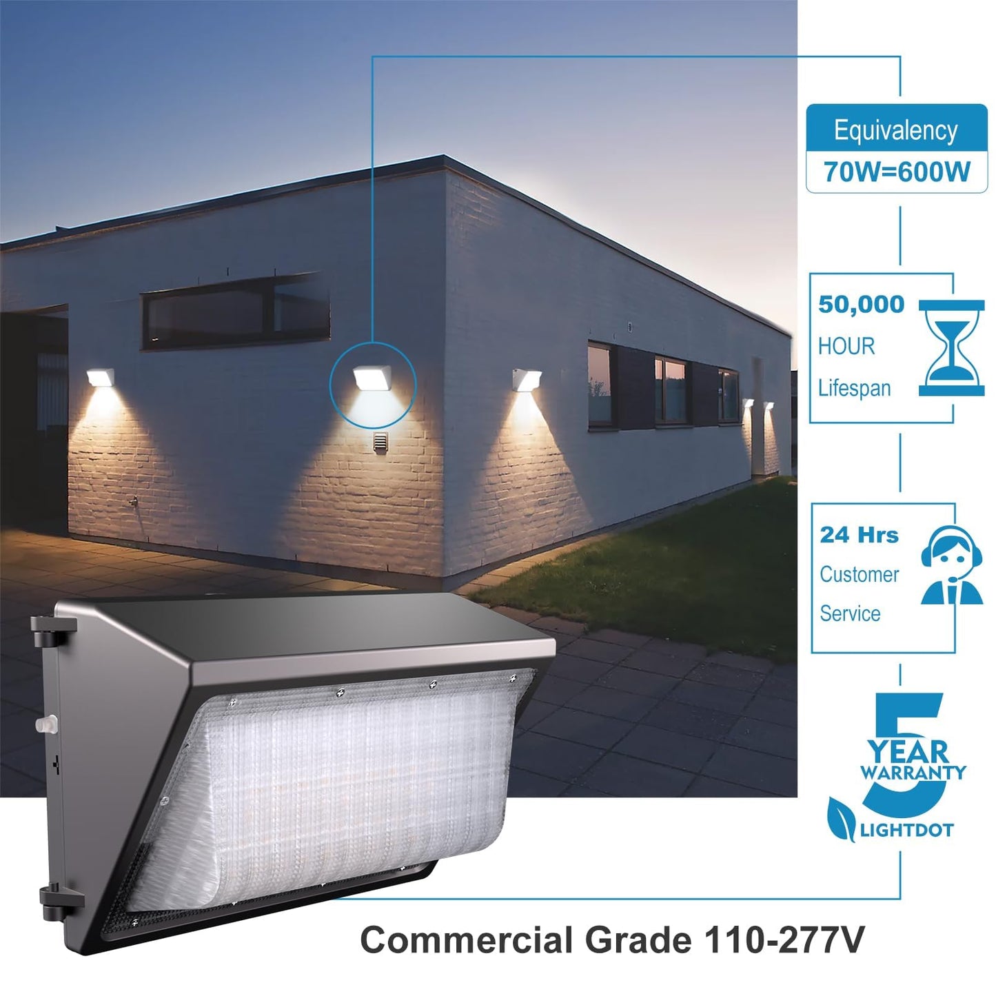 Lightdot 6Pack 70W Led Wall Pack Lights  100-277V Dusk To Dawn With Photocell  10500Lm 5000K Daylight Ip65 Waterproof Wall Mount Outdoor Security Lighting Fixture  Energy Saving(Height:10~15Ft)
