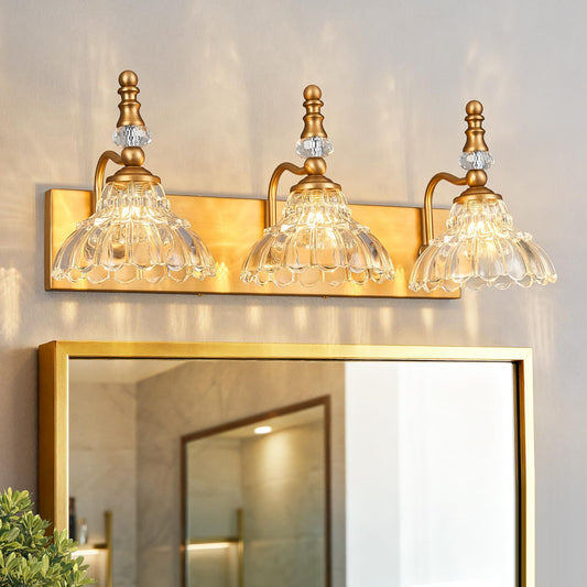 Lbsqj Vintage Bathroom Vanity Light  3-Light Brass Vanity Lighting Fixture With Flower Glass Shade  Bathroom Lighting Fixtures Over Mirror