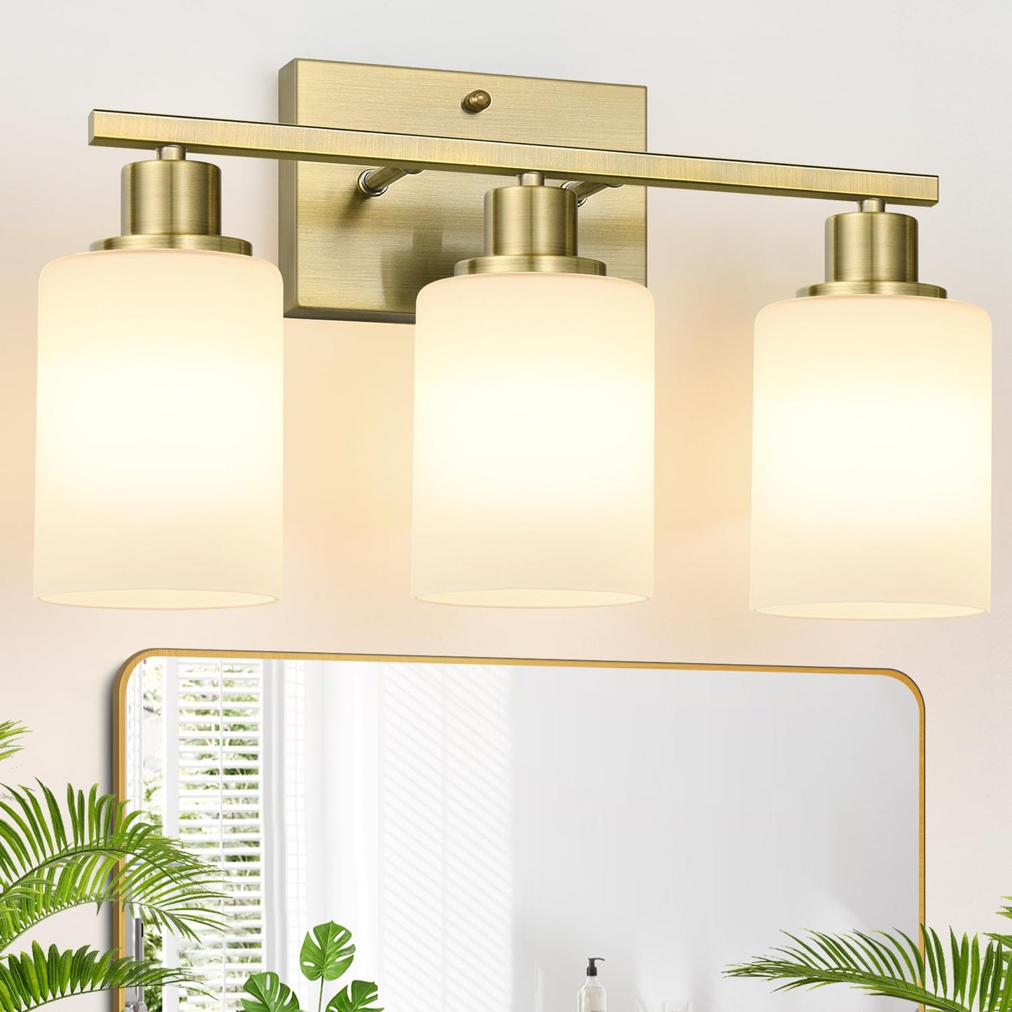 3-Light Bathroom Light Fixtures  Brass Vanity Light With Milky White Shades  Bathroom Lighting Fixtures Over Mirror  Modern Bathroom Wall Lamp For Mirror Living Room Cabinet Bedroom