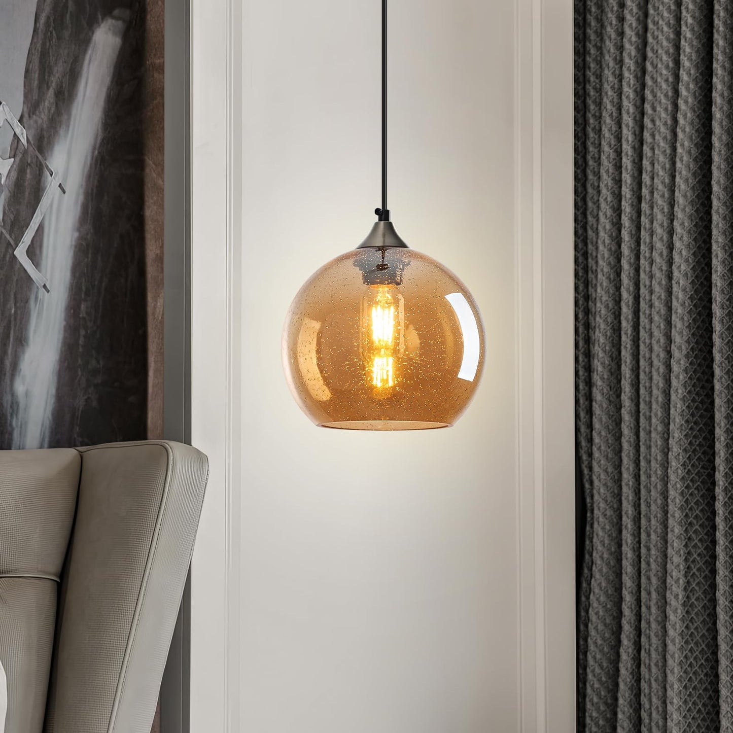 Lbsqj Amber Glass Pendant Lights Kitchen Island Lighting Globe Pendant Light Fixtures Modern Pendant Lighting For Bedroom Living Dining Room Light Fixture (7.87 In  1 Pack)