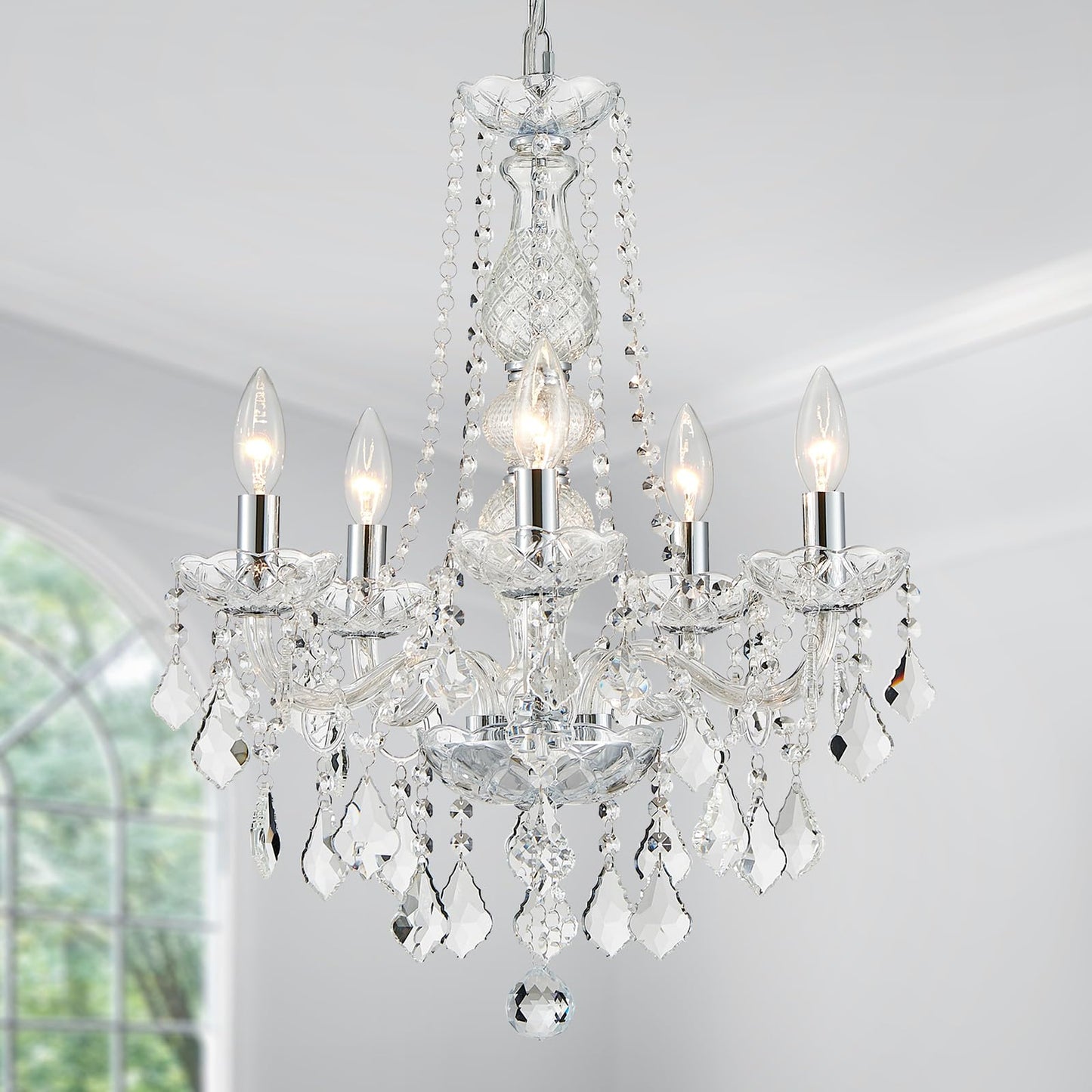 Wuzups 5-Light Crystal Candle Chandelier Pendant Ceiling Light Modern Lighting Fixture For Bedroom Hallway Bar Kitchen Bathroom  H 25 W 20  E12 Base  Chrome