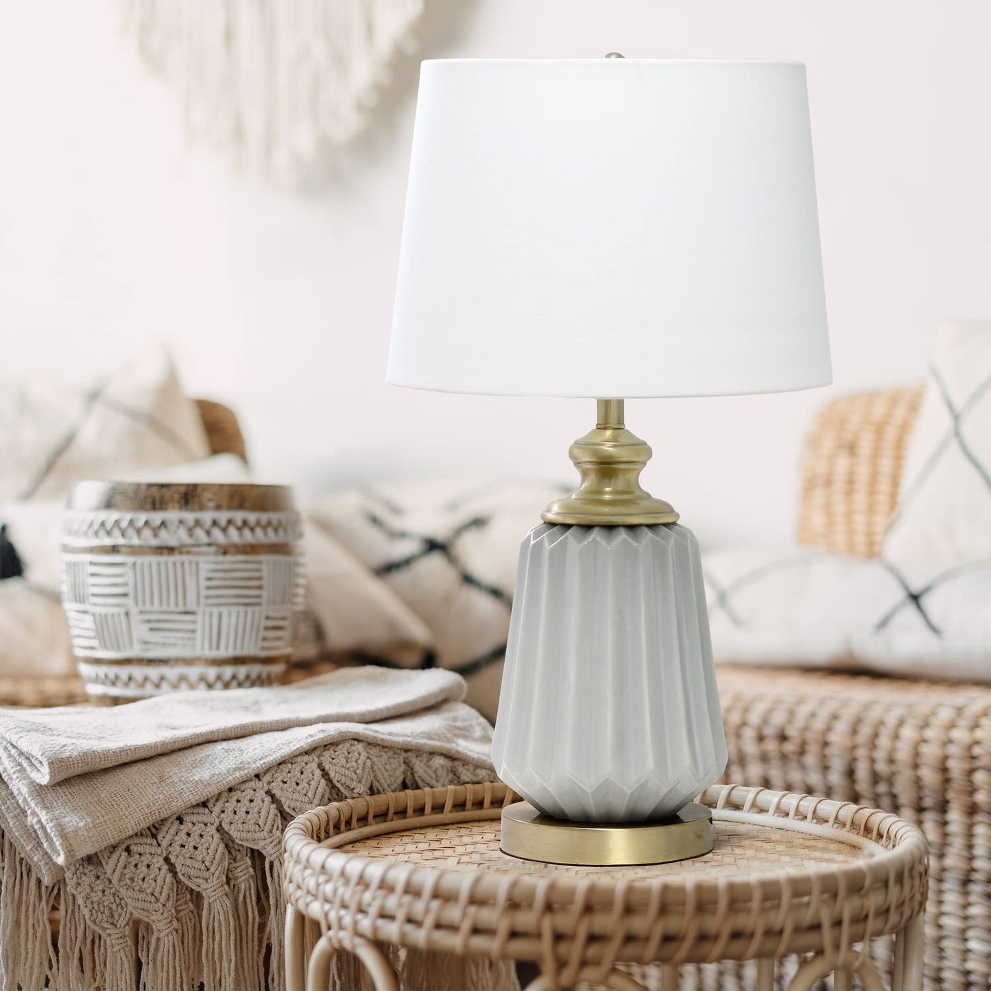 Elegant Designs LT1092-GRY Ceramic Bedside Table Lamp, 25in Traditional Farmhouse Style, Gray with Metal Accents and White Shade