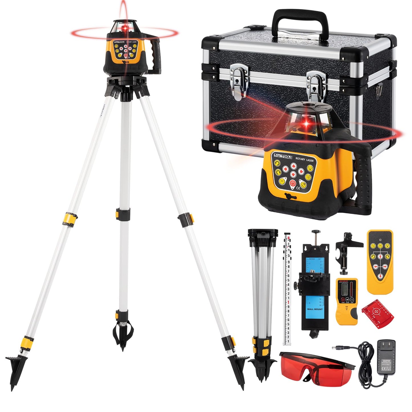 Self-Leveling Rotary Laser Level Kit, Class II ≤ 5 mW Red Laser, 2000 ft Range with Receiver, ±1/8" Accuracy at 100 ft, IP66 Waterproof, Includes Tripod & Grade Rod