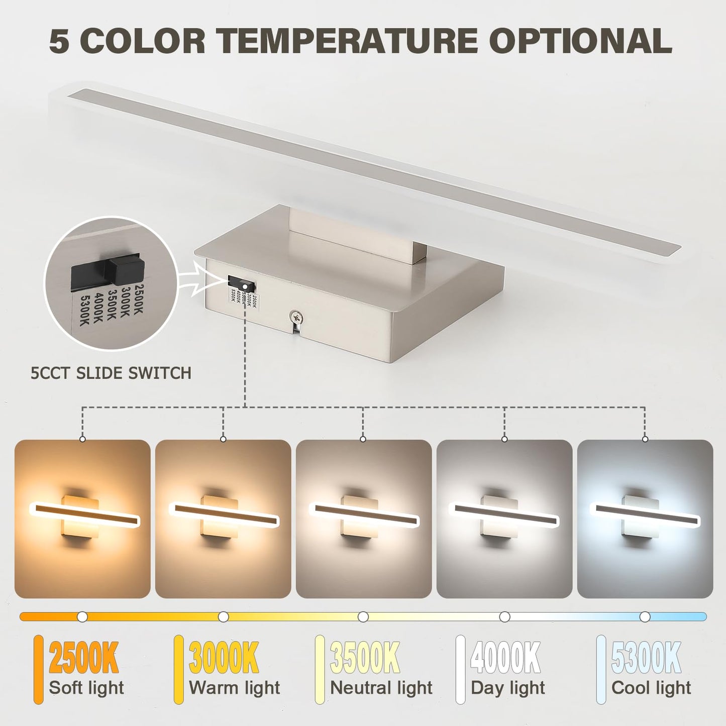 Jusheng Brushed Nickel Vanity Lights For Bathroom  5Cct Dimmable Vanity Light Bar  Modern Led Bathroom Lighting Fixtures Above Mirror 16 Inch 16W