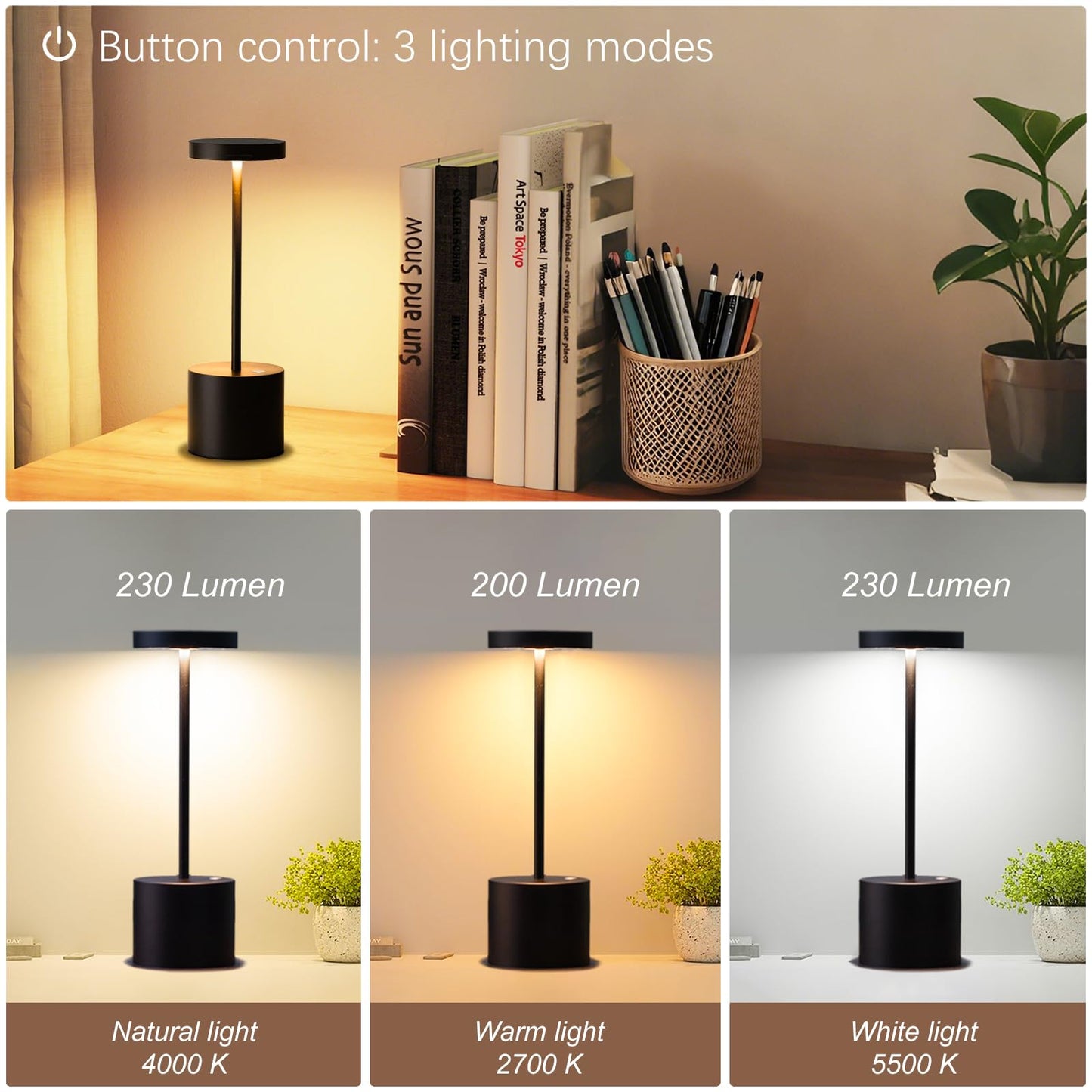Barryca Cordless LED Table Lamp, Rechargeable, USB 5000mAh Battery, Dimmable, 2Pack, Black