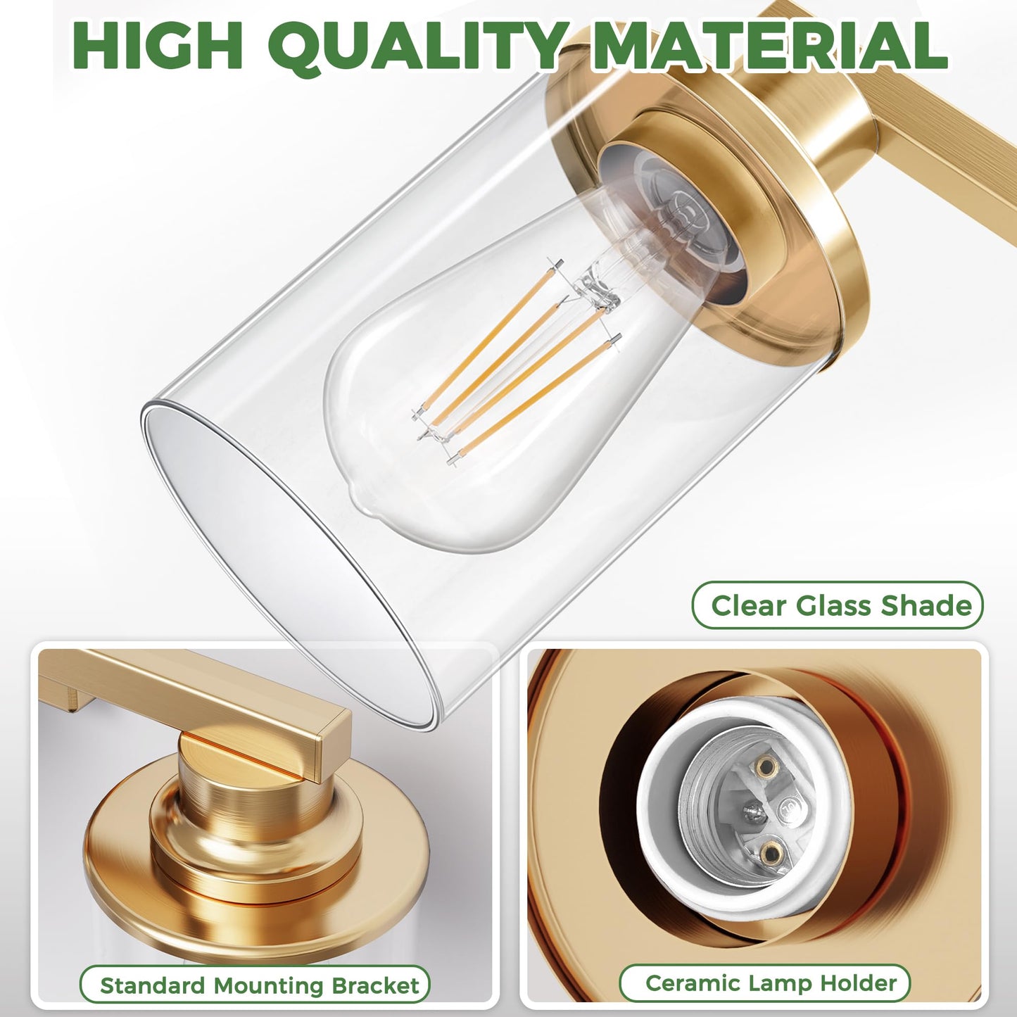 Doresshop 17 Inch Bathroom Light Fixtures  3-Light Copper Bathroom Lighting Fixtures Over Mirror With Clear Glass Shade  Vanity Lights For Living Room Bedroom