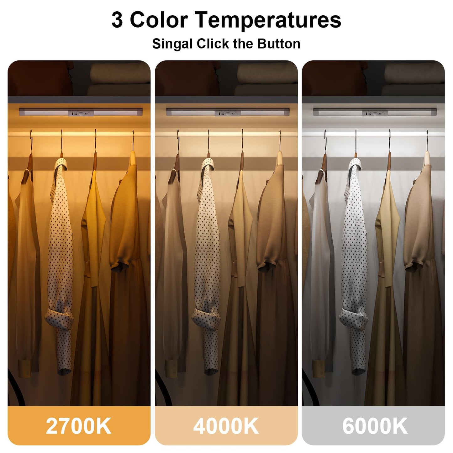Wobane Closet Lights Motion Sensored With Eye-Protection Rechargeable Led Wardrobe Lighting With 3 Color 12 Inch Dimmable Wireless Battery Operated Light Indoor For Stair Pantry Hallway 900Mah 3Pcs