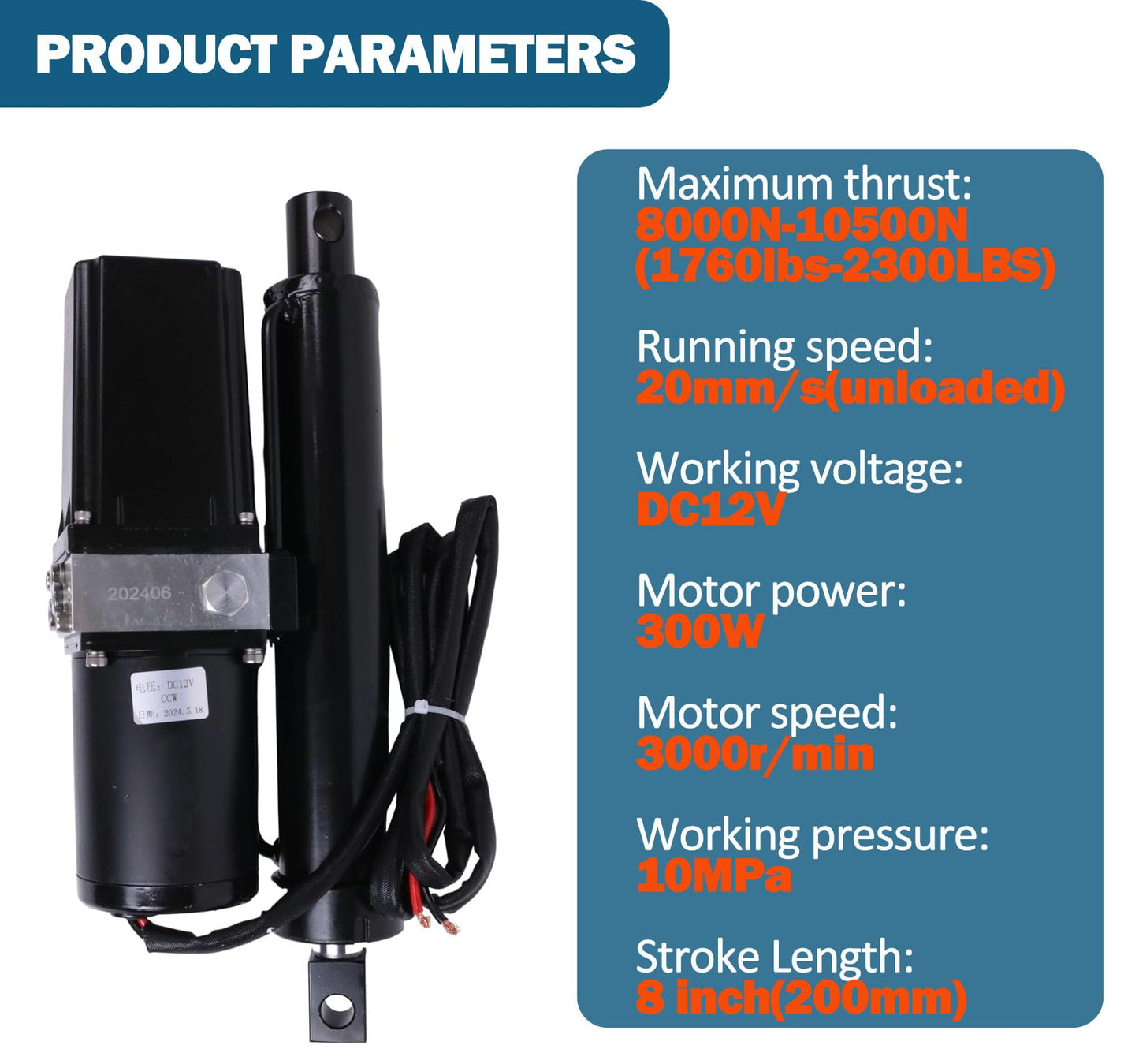 JEENDA DC 12V 8" Hydraulic Motor Heavy Duty Electric Linear Actuator 1760lbs Compatible with Dump Trailers, Lift Tables, Solar Tracking System, Wheelchair Lift,Tractors,Cleaning Vehicle