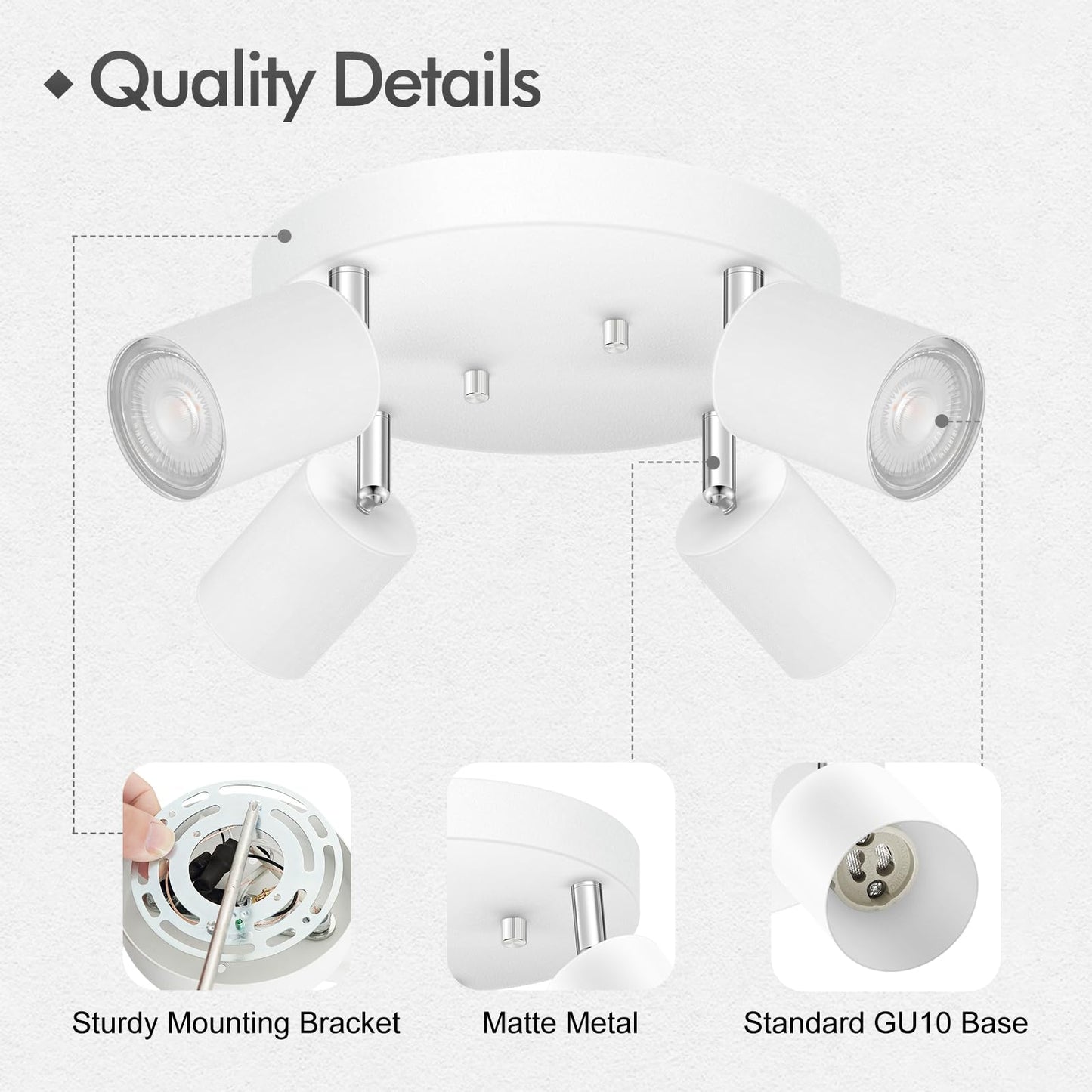 4 Light Track Lighting Fixtures Ceiling  Matte White Round Directional Ceiling Spotlight  Gu10 Flush Mount Track Fixture  Adjustable Modern Led Track Lights For Kitchen/Living Room  Bulb Not Included