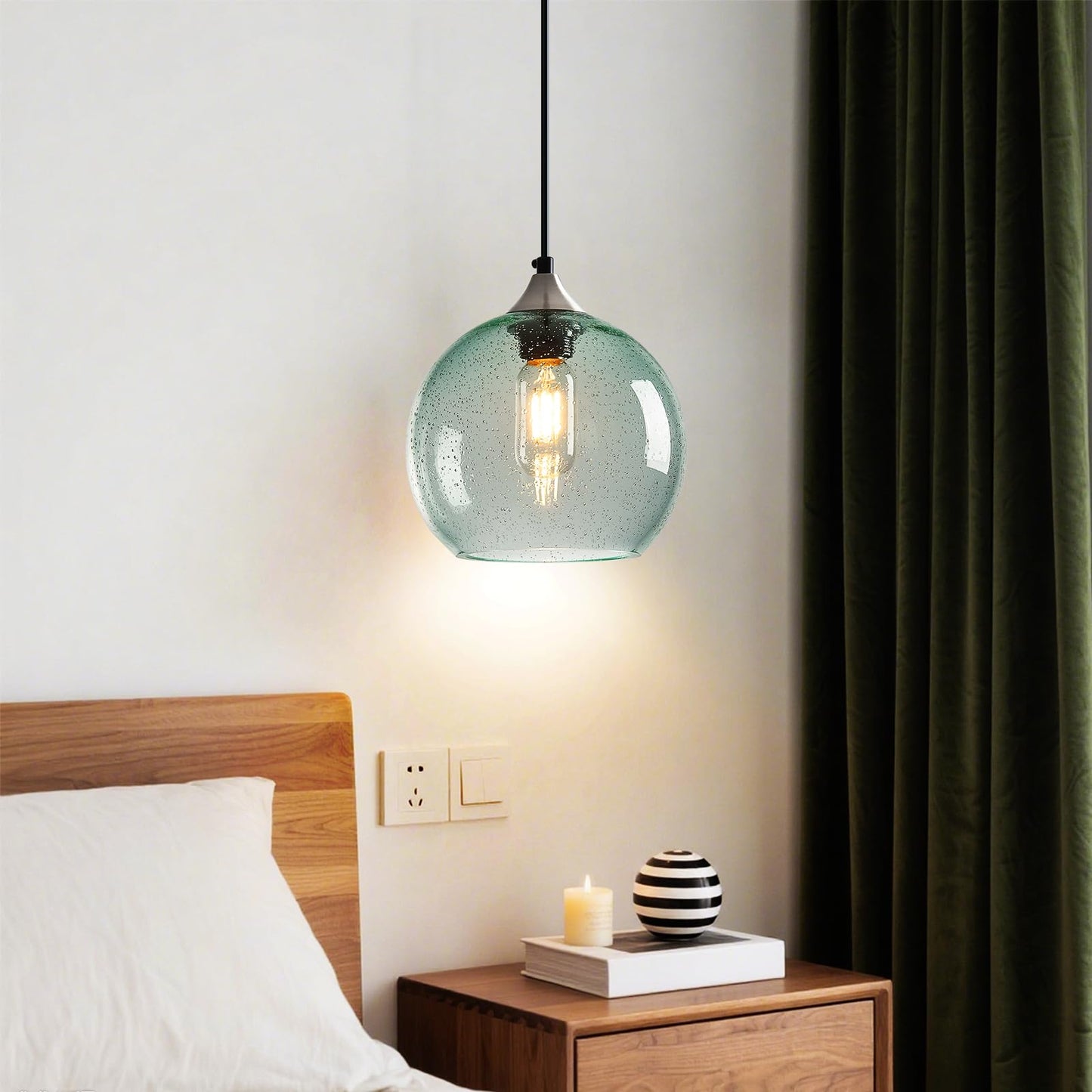 Lbsqj Light Green Glass Pendant Lights Kitchen Island Lighting Globe Pendant Light Fixtures Modern Pendant Lighting For Bedroom Living Dining Room Light Fixture (7.87 In  1 Pack)
